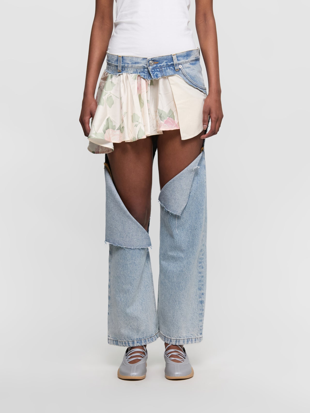 Sliced Skirt Jeans in Denim Blue & Floral Print