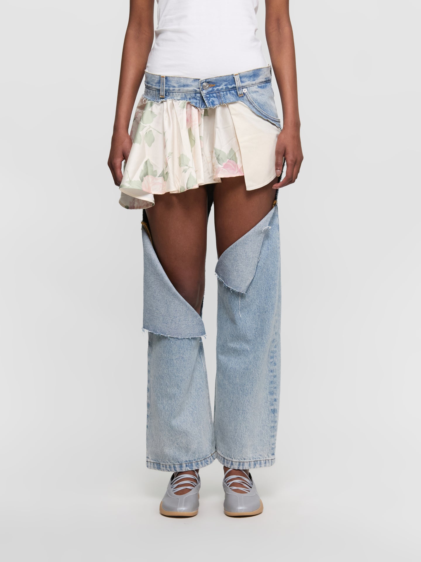 Sliced Skirt Jeans in Denim Blue & Floral Print