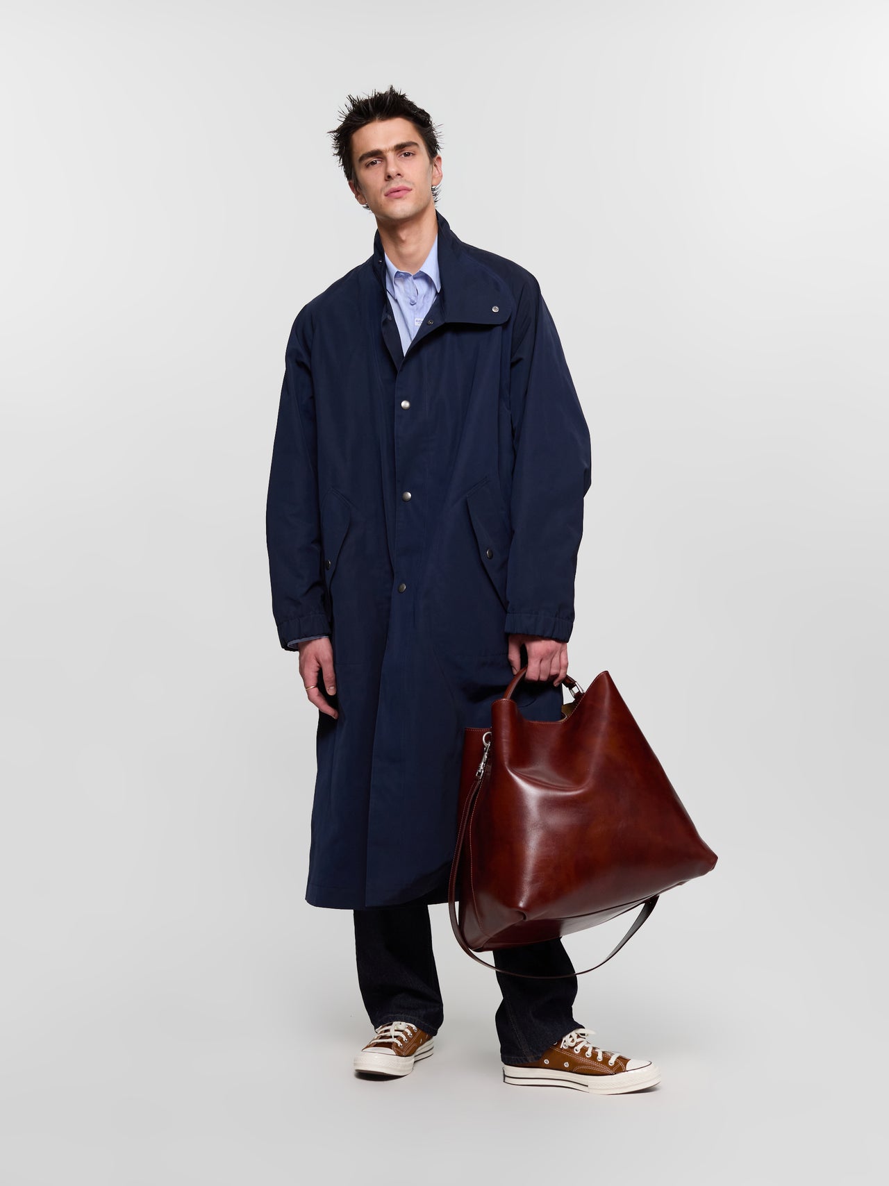 Large Leather Bag with Removable Strap in Cognac