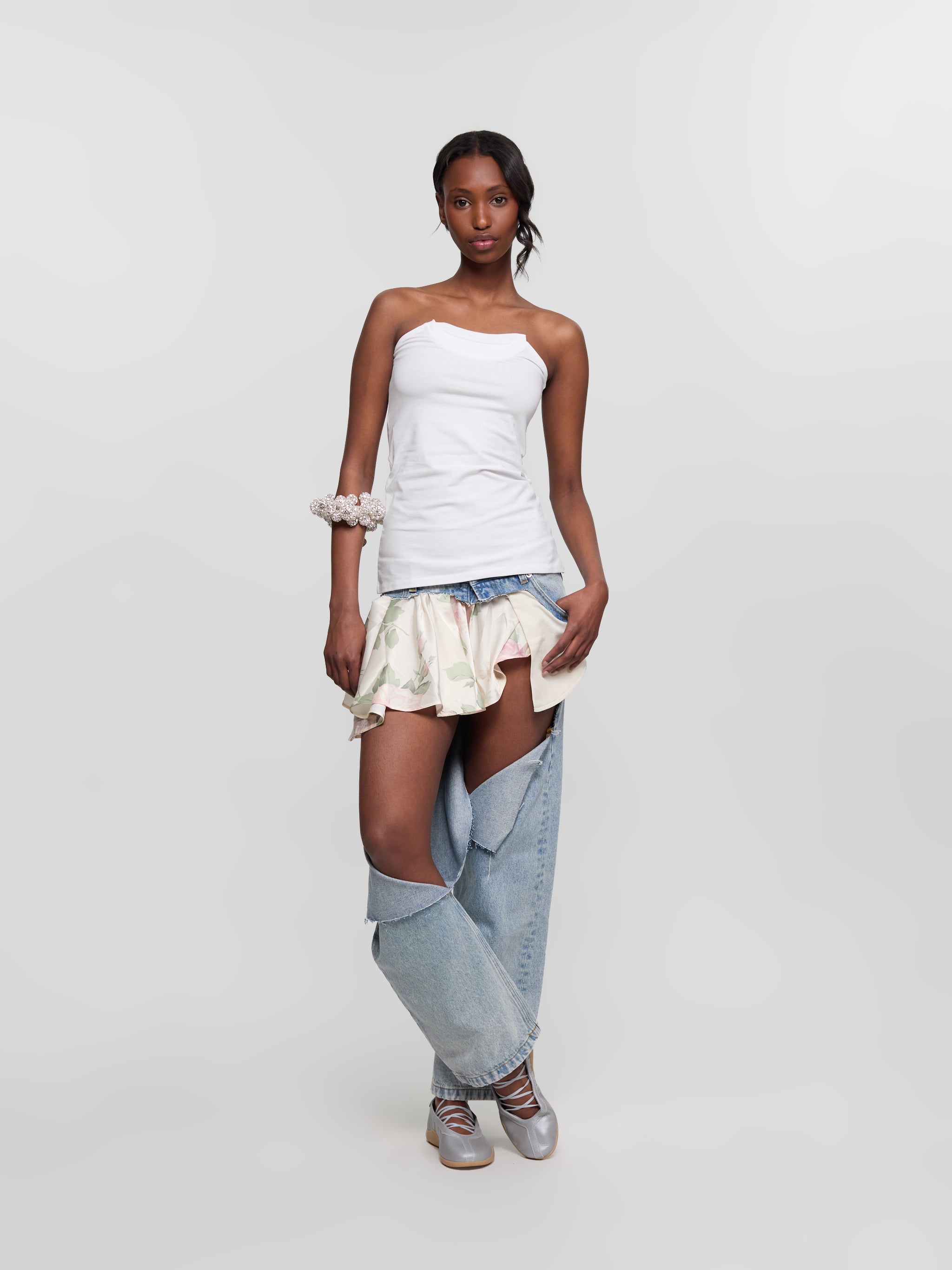 Sliced Skirt Jeans in Denim Blue & Floral Print