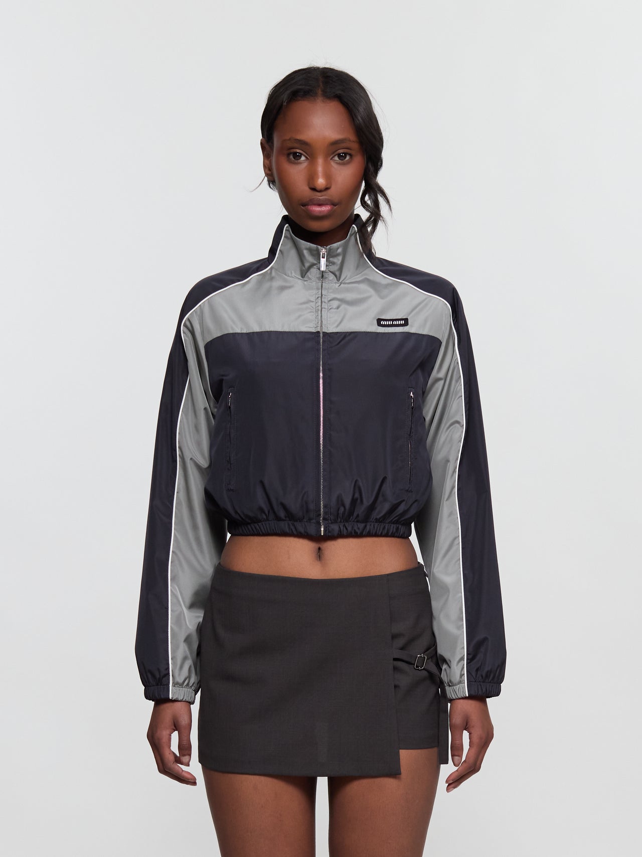 Technical Silk Blouson Jacket with Zip in Blue & Grey