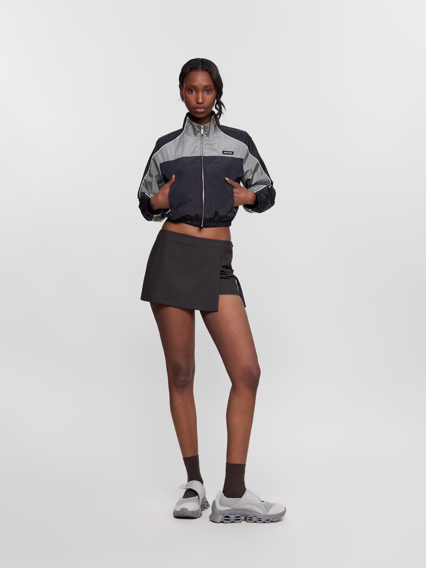 Technical Silk Blouson Jacket with Zip in Blue & Grey