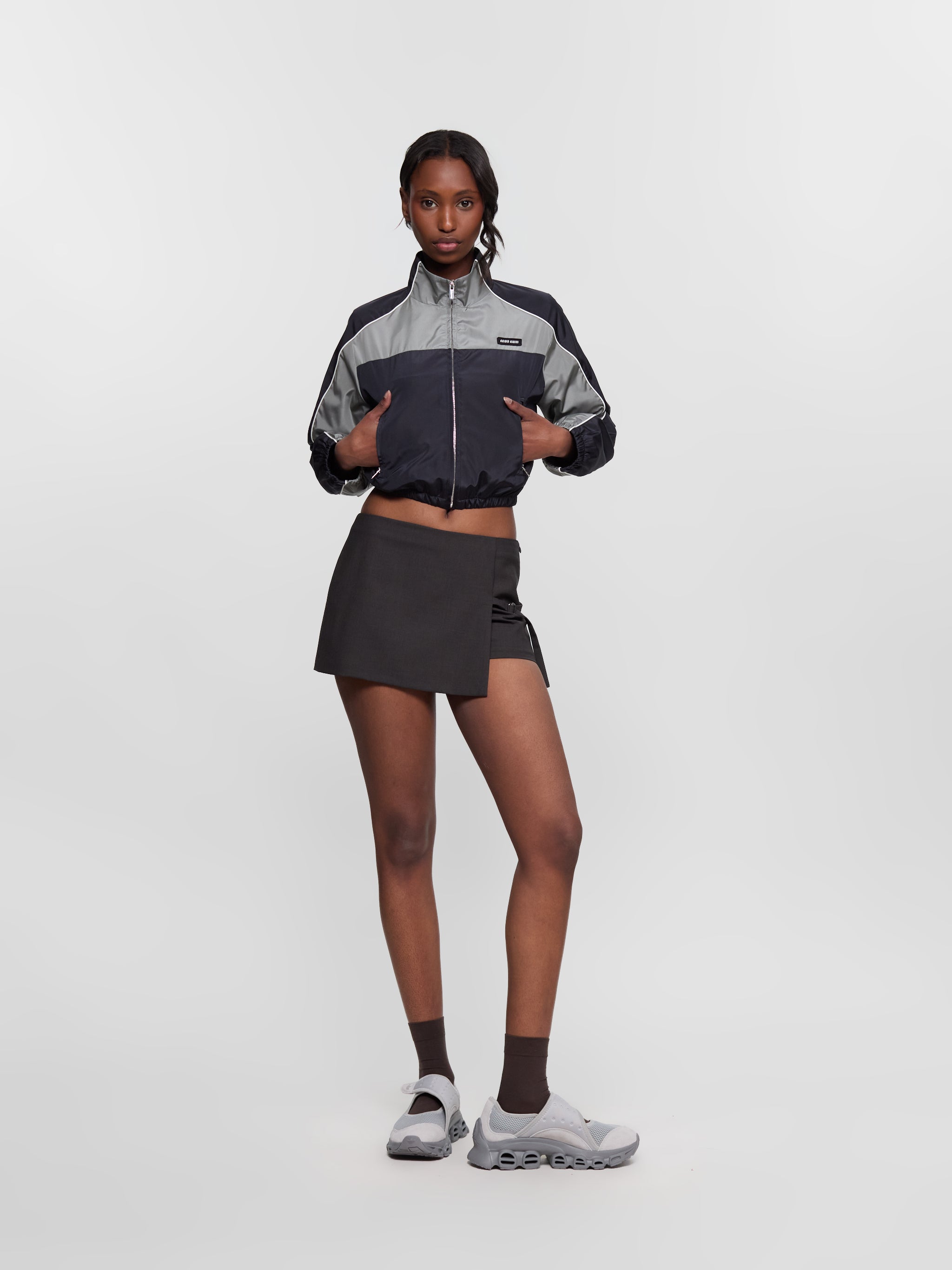 Technical Silk Blouson Jacket with Zip in Blue & Grey