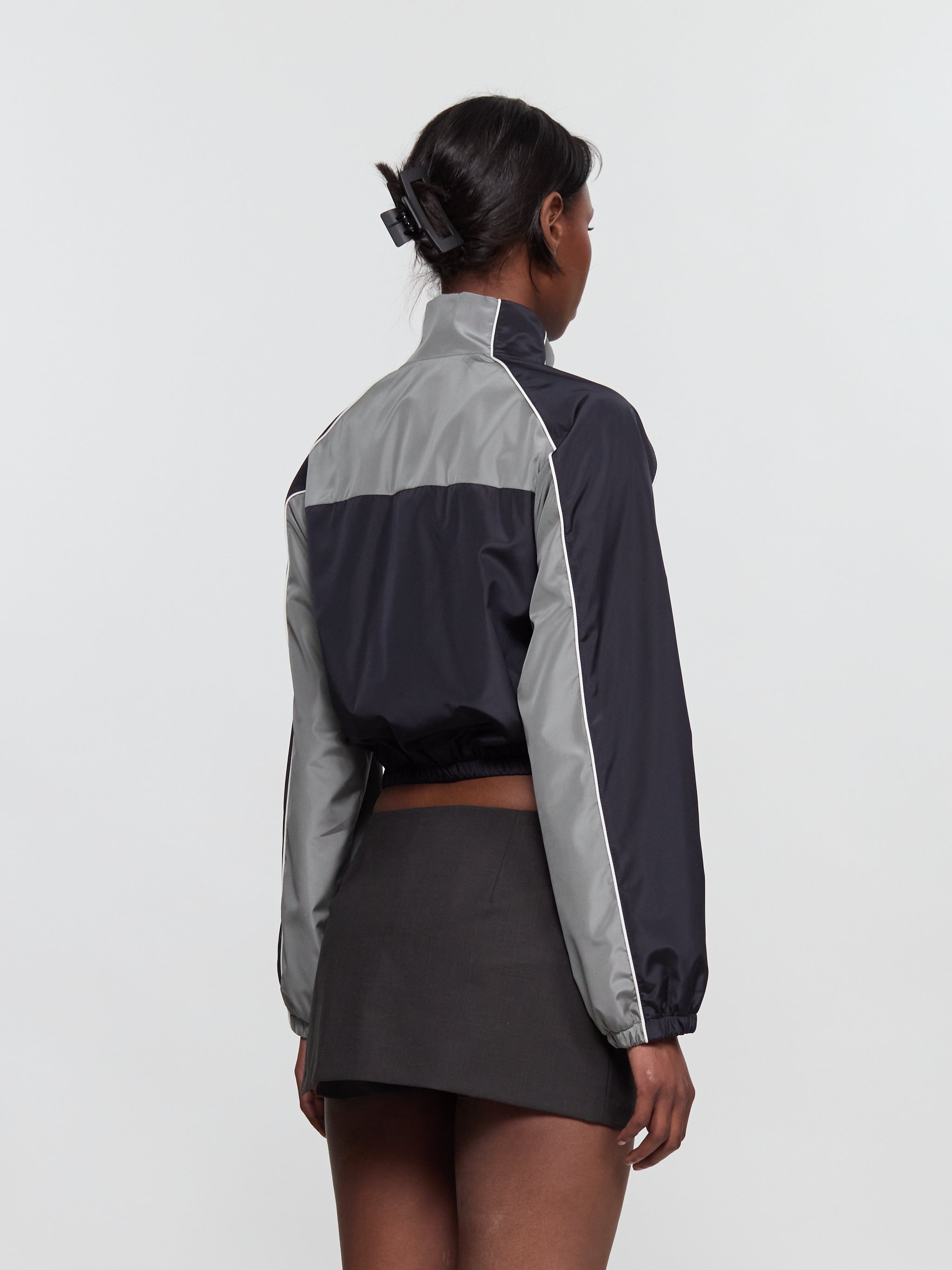 Technical Silk Blouson Jacket with Zip in Blue & Grey