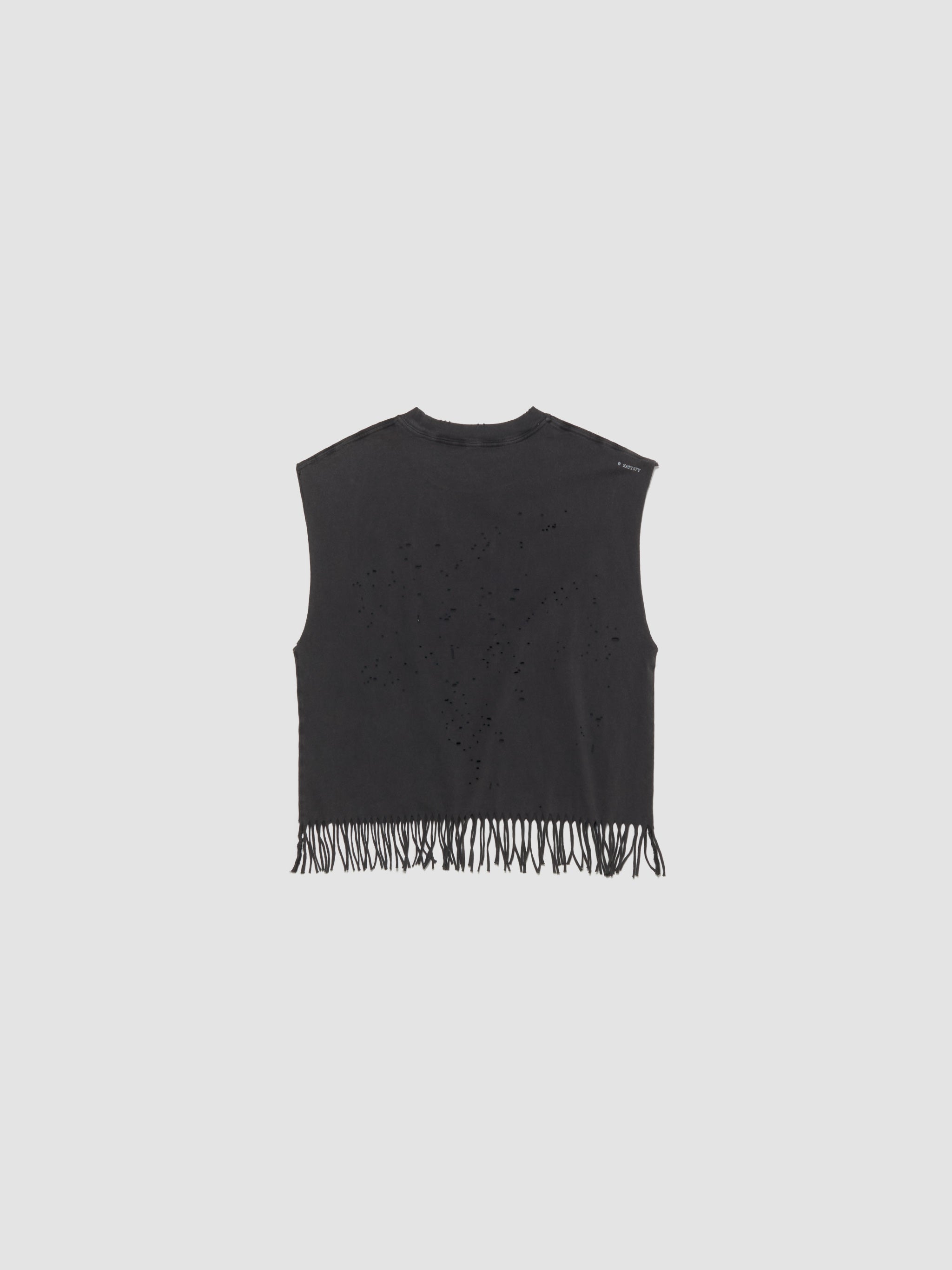 MothTech Cropped Fringed Muscle Tee in Aged Black