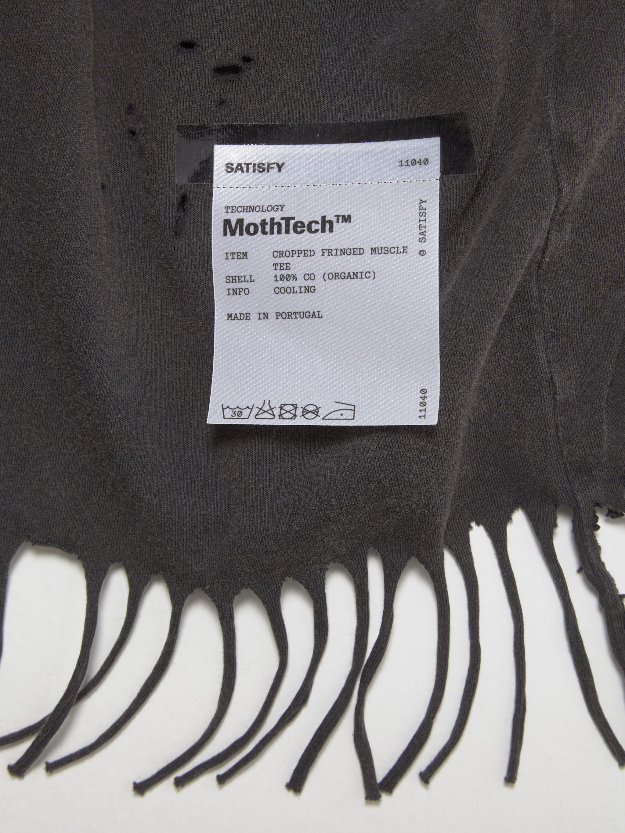 MothTech Cropped Fringed Muscle Tee in Aged Black