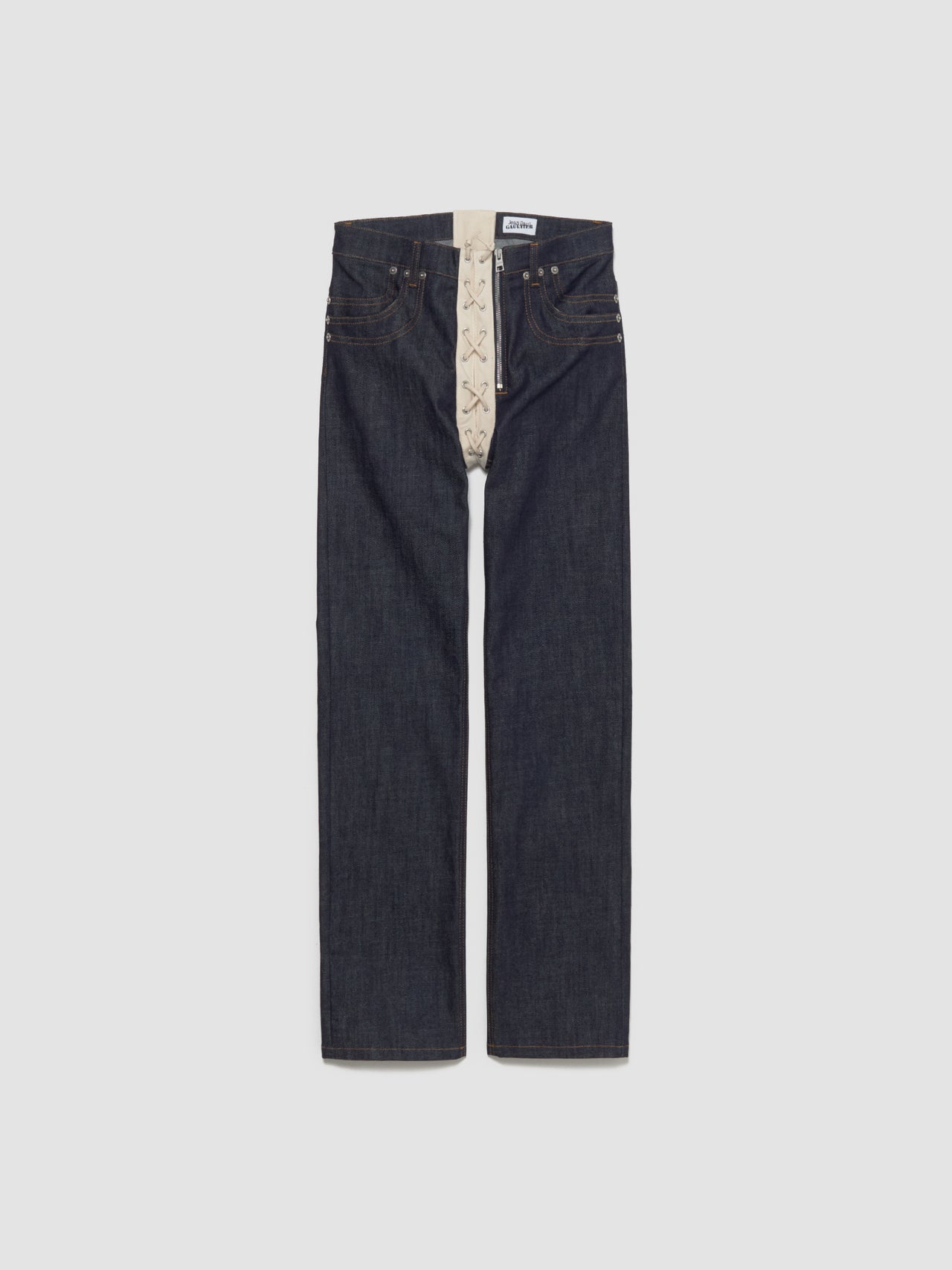 Contrasting Lace-Up Denim Jeans in Indigo