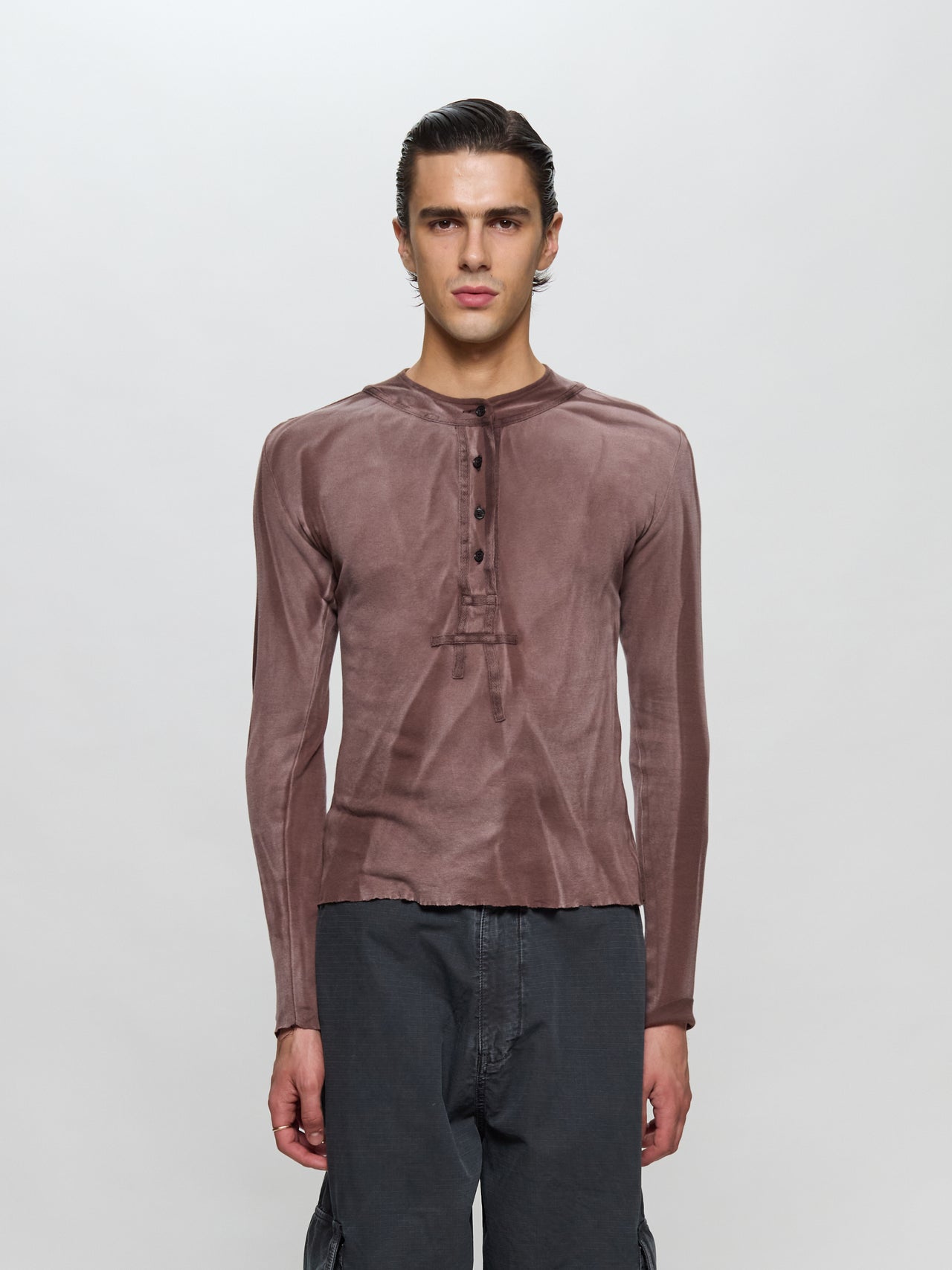 Tyre Tracks Long Sleeved Henley in Washed Brown