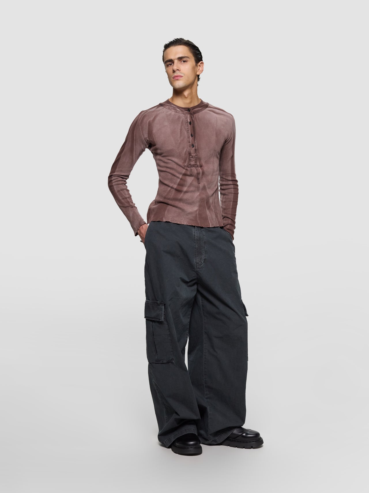Tyre Tracks Long Sleeved Henley in Washed Brown
