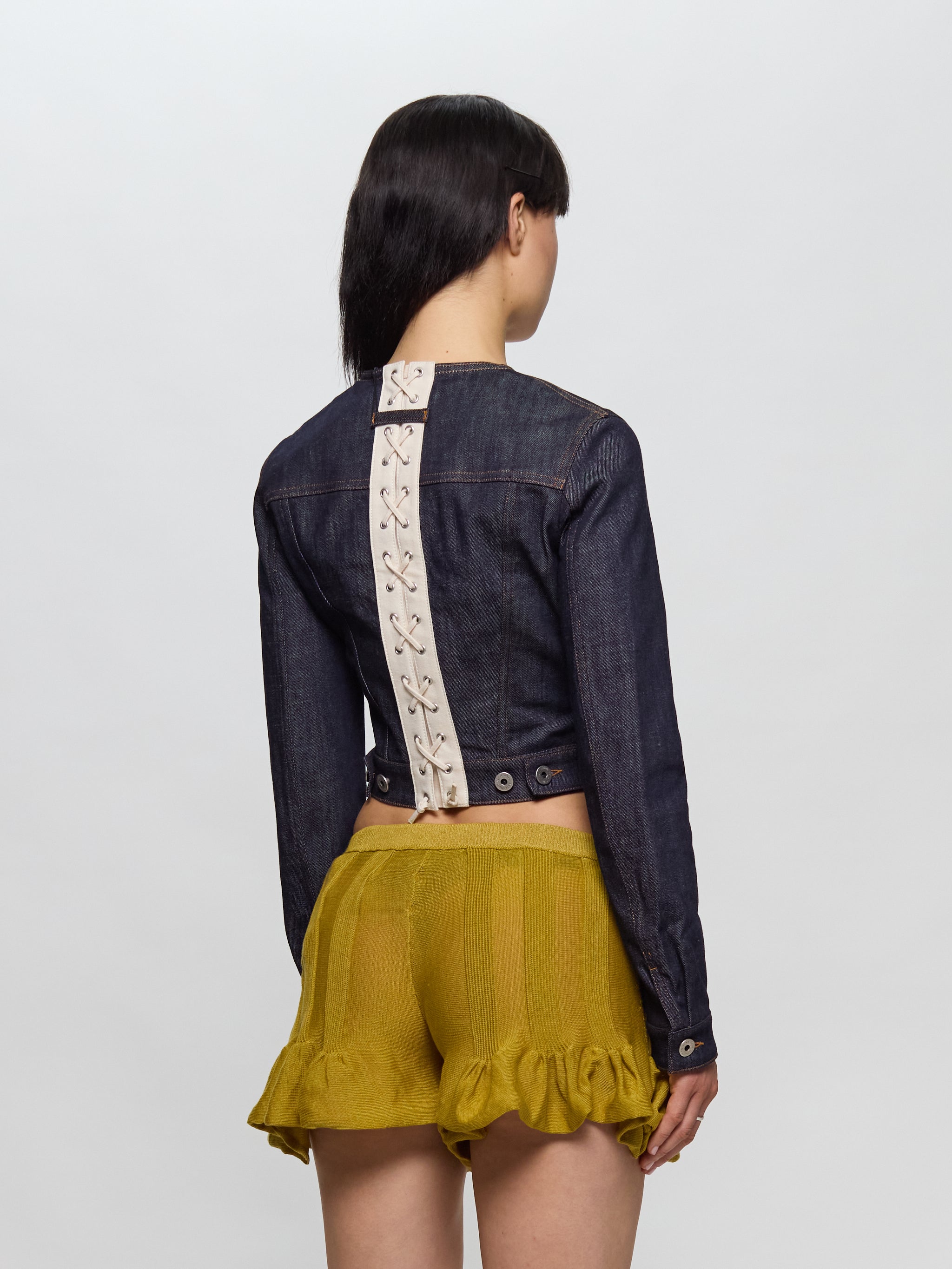Contrasting Lace-Up Denim Jacket in Indigo