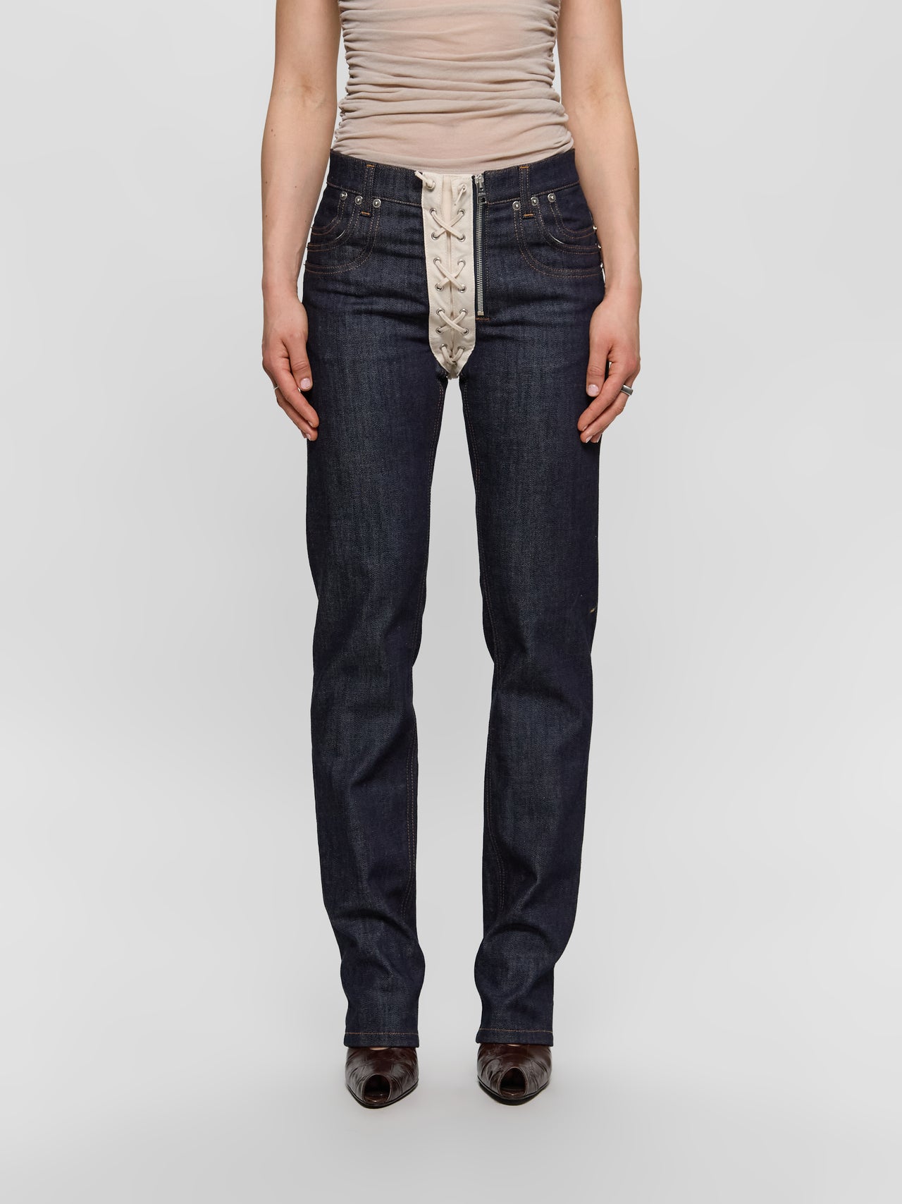 Contrasting Lace-Up Denim Jeans in Indigo