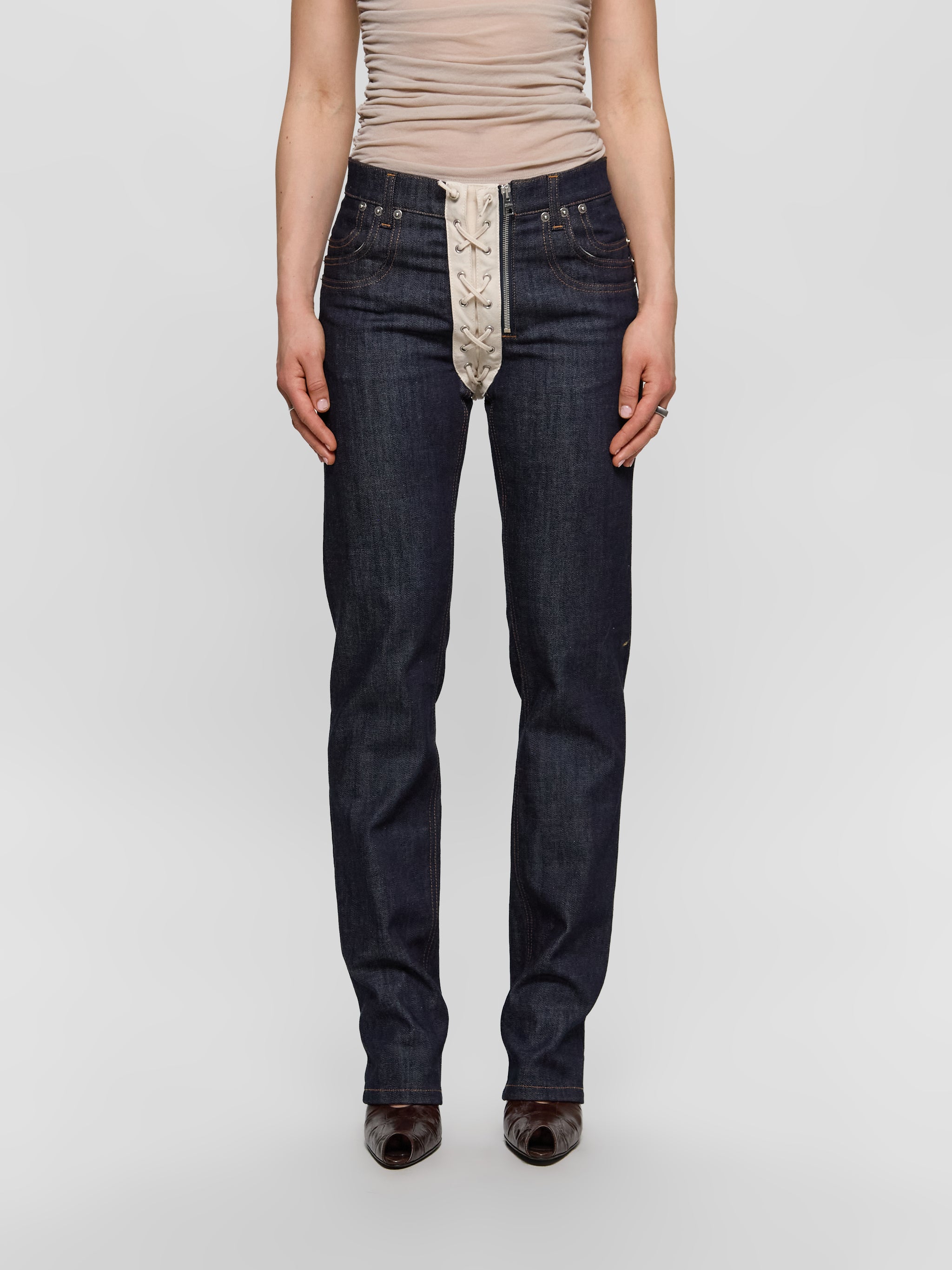 Contrasting Lace-Up Denim Jeans in Indigo