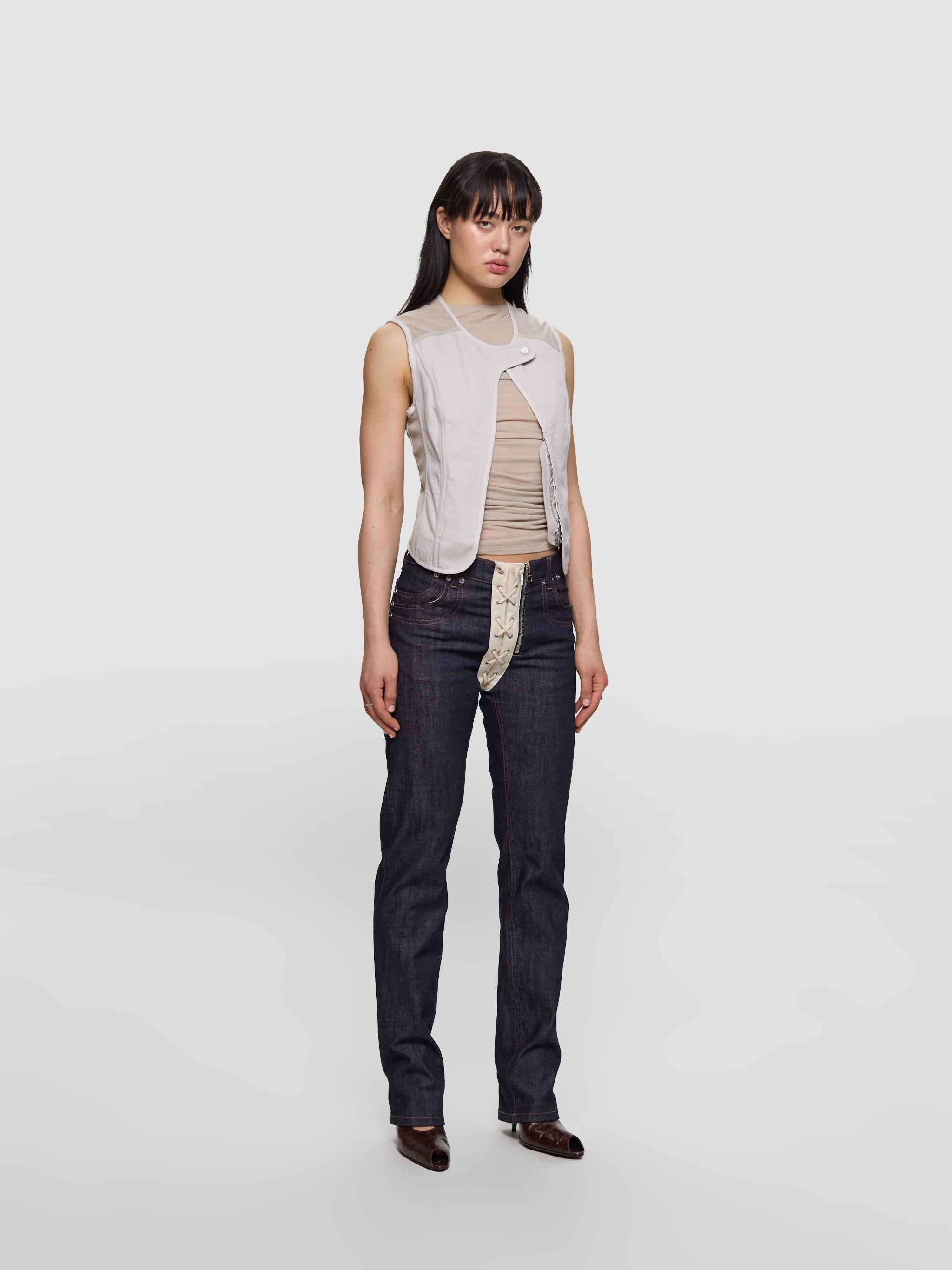 Contrasting Lace-Up Denim Jeans in Indigo