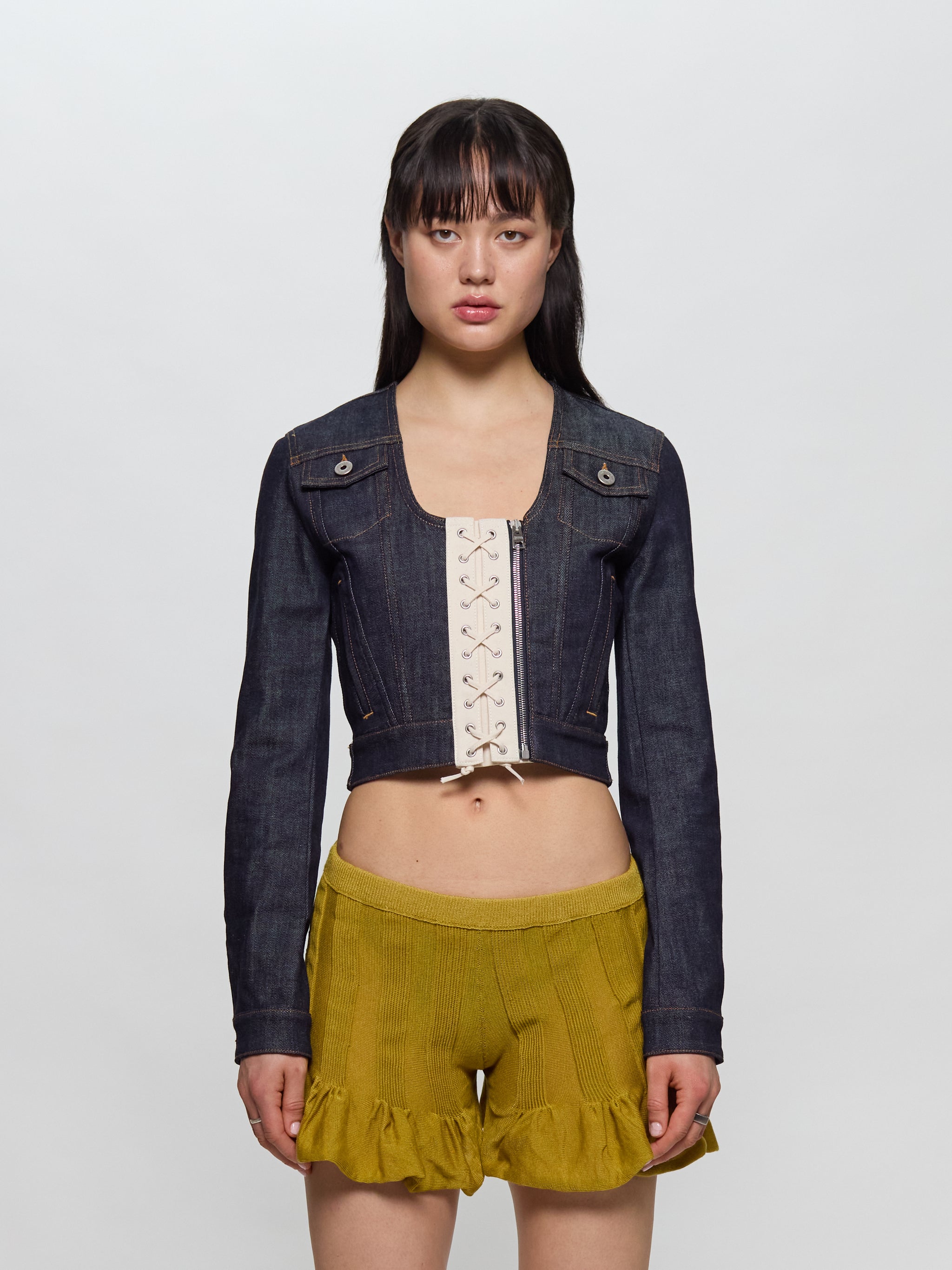 Contrasting Lace-Up Denim Jacket in Indigo