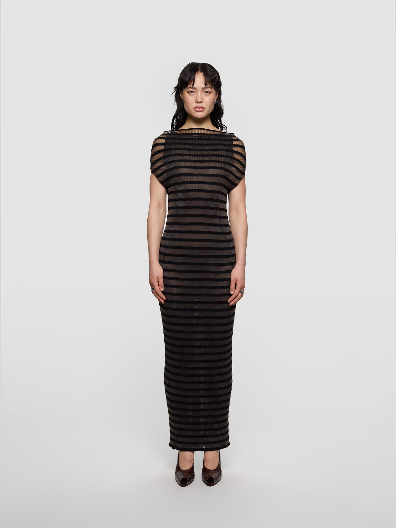 Long Viscose Mariniere Striped Dress in Black