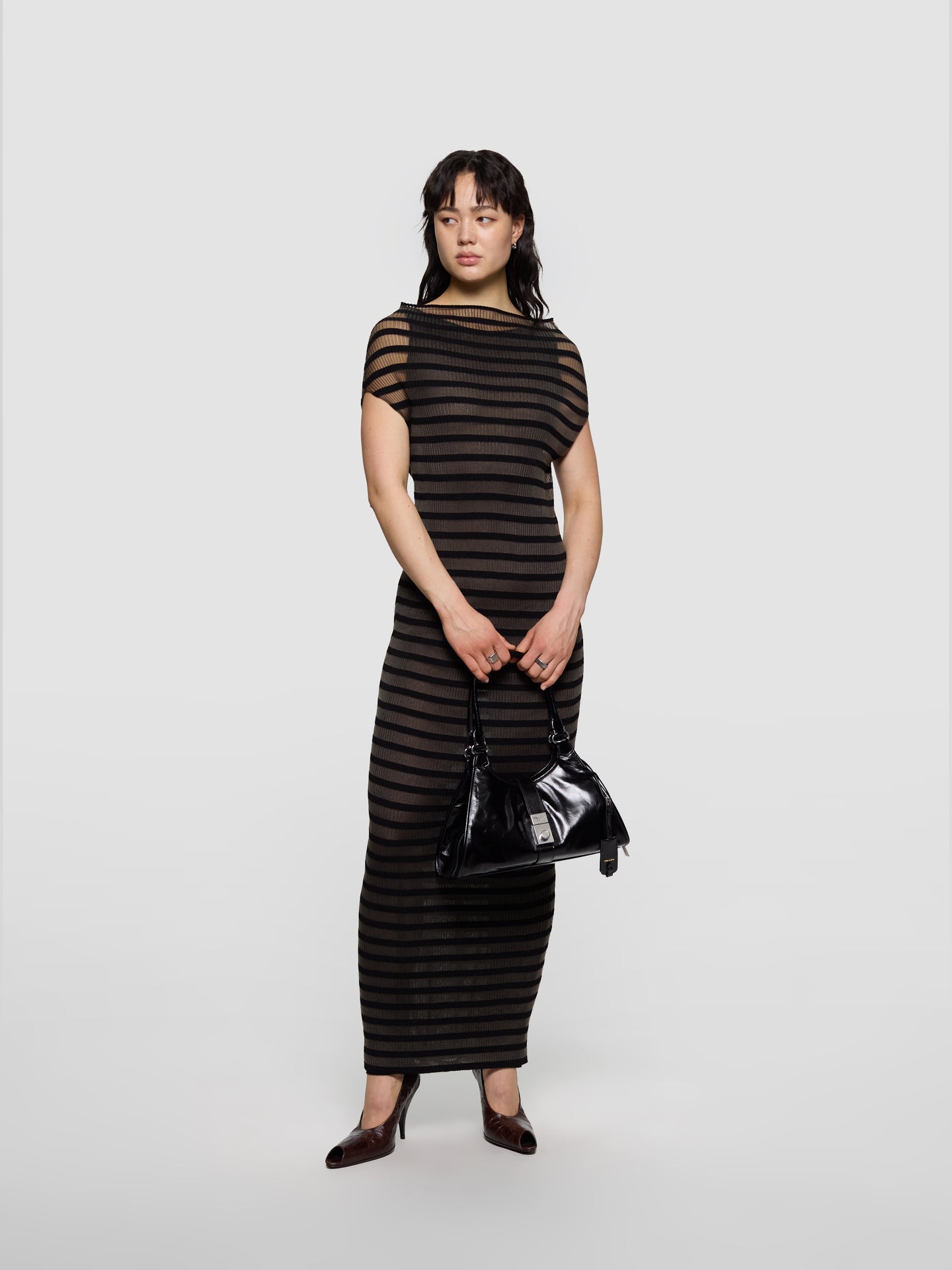 Long Viscose Mariniere Striped Dress in Black