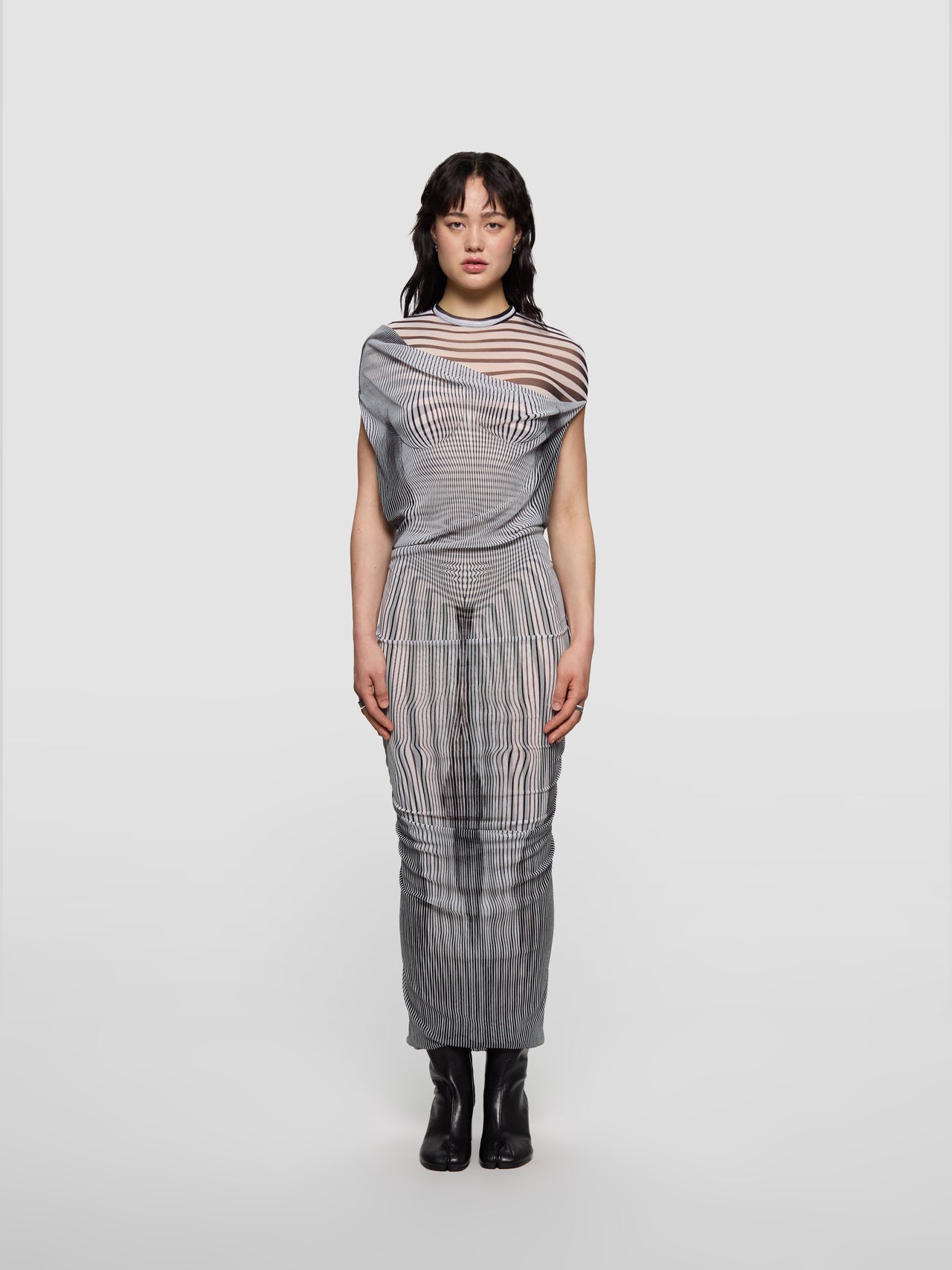 Long Draped Body Morphing Dress in White & Black