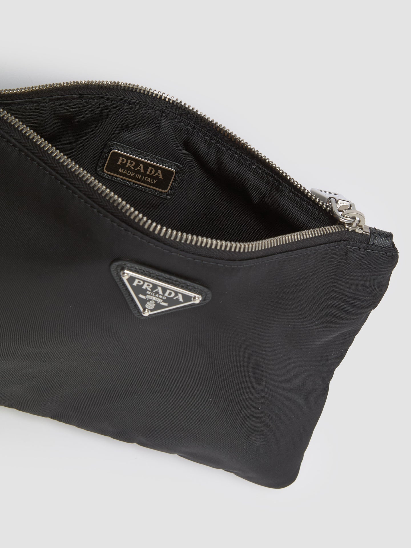 Re-Nylon and Saffiano Leather Pouch in Black