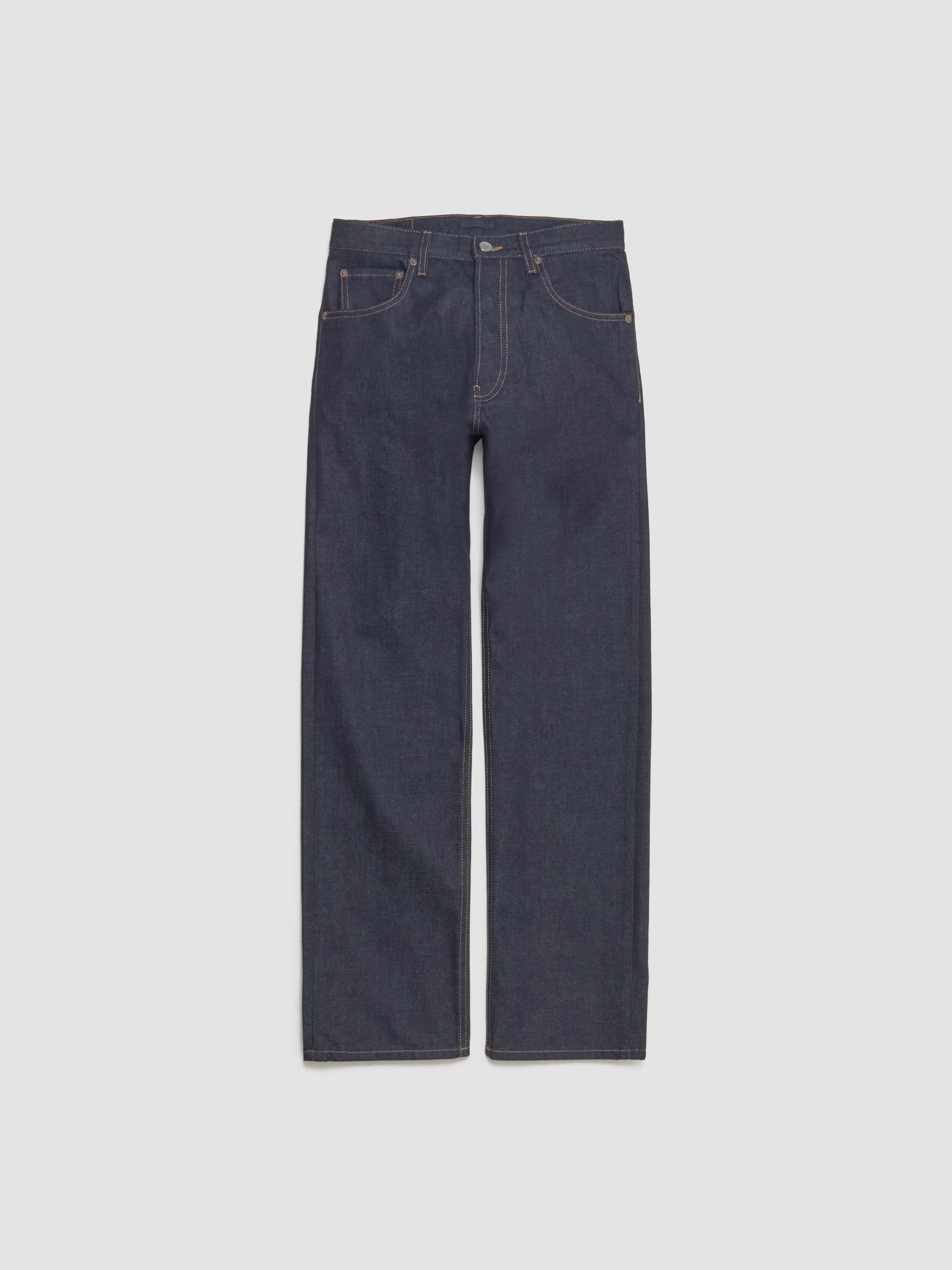 Raw Denim Jeans with Leather Strap in Blue