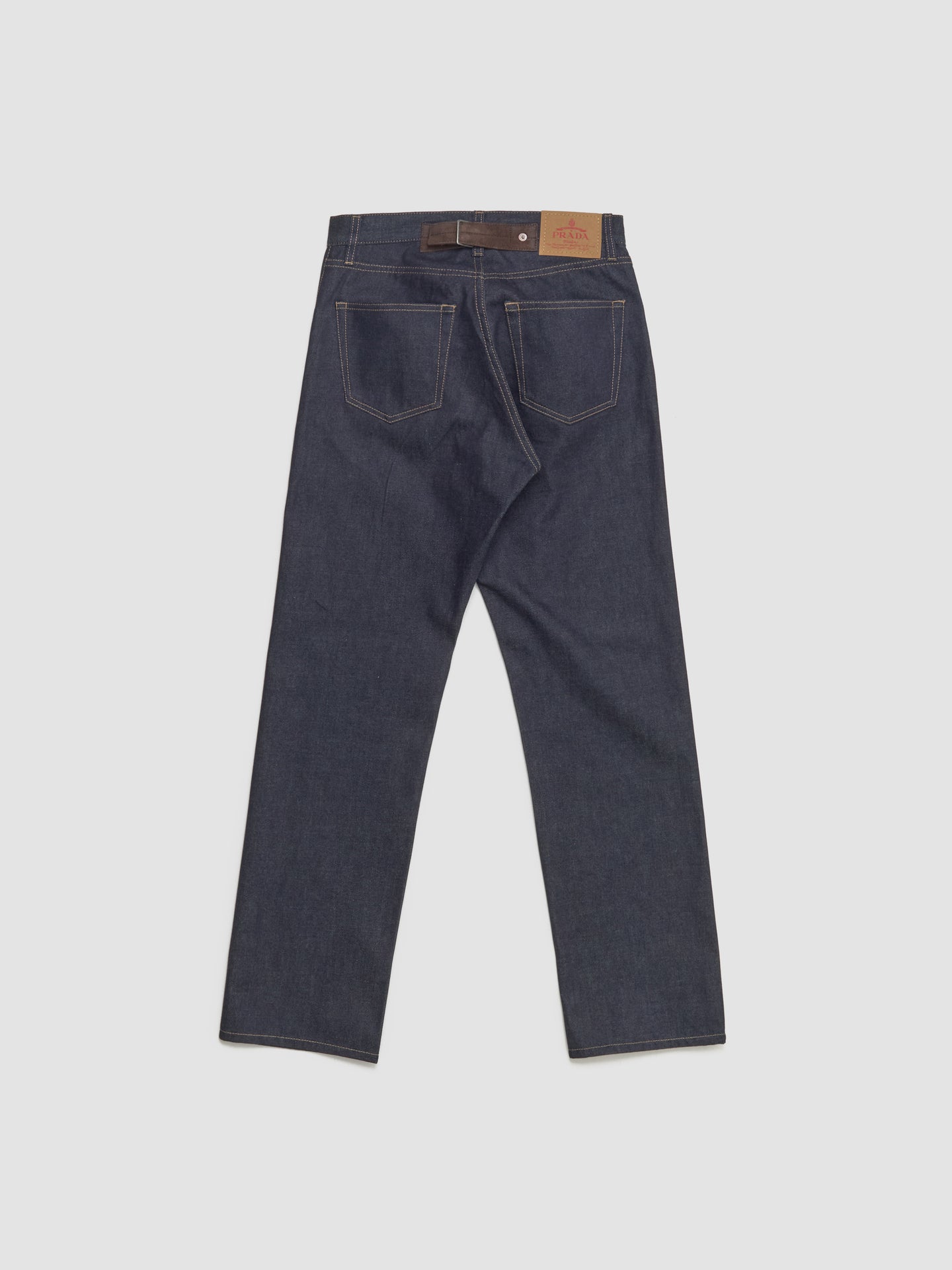Raw Denim Jeans with Leather Strap in Blue