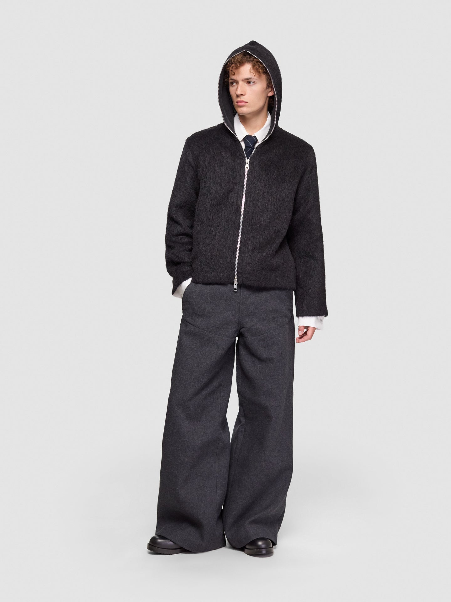 Full Zip Hood in Black Hairy Wool