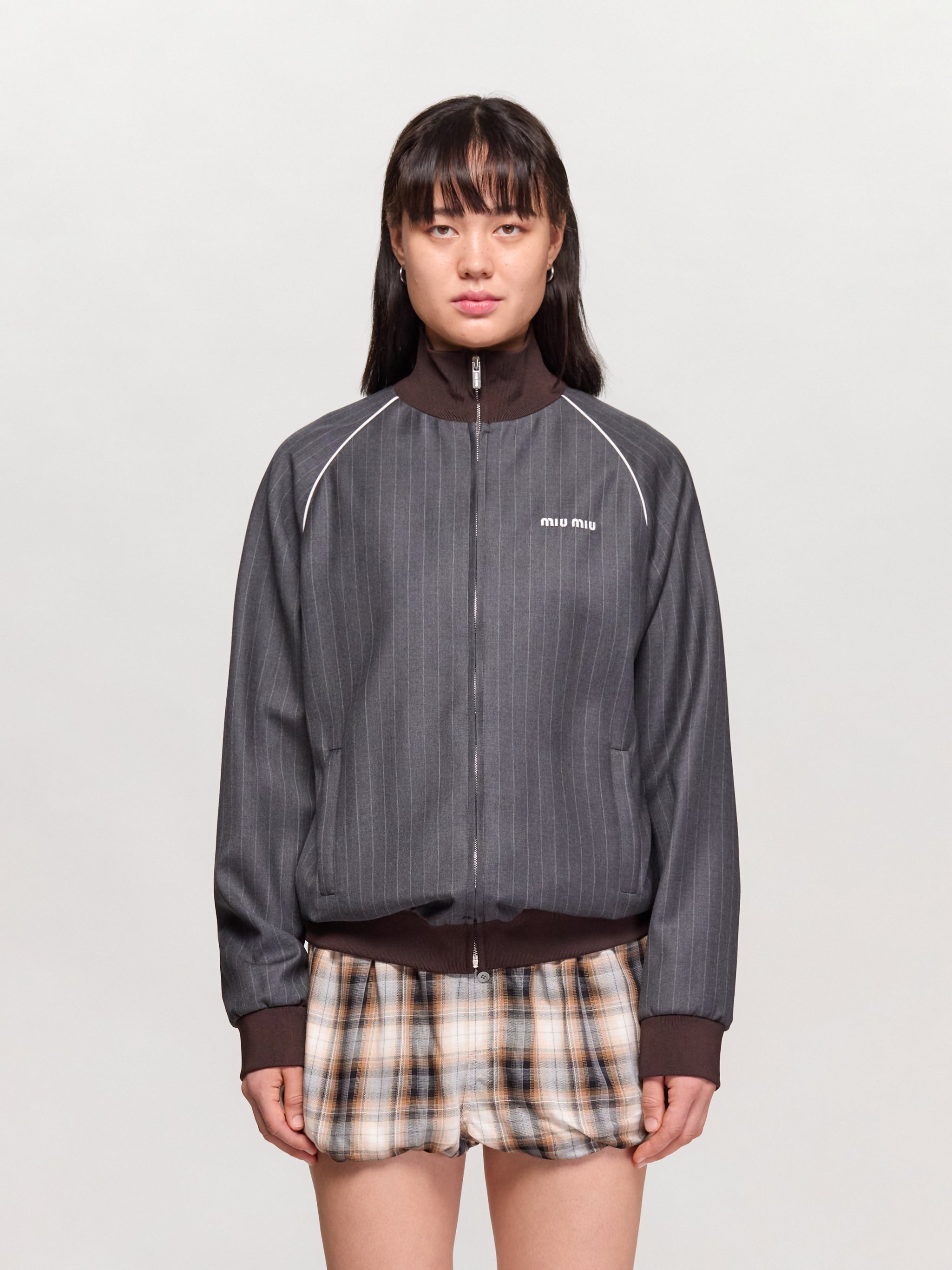 Blouson Jacket with Zip and Pinstripes in Slate Grey