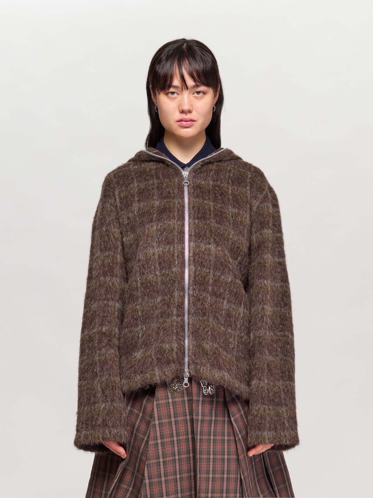 Full Zip Hood in Dorf Check Hairy Wool