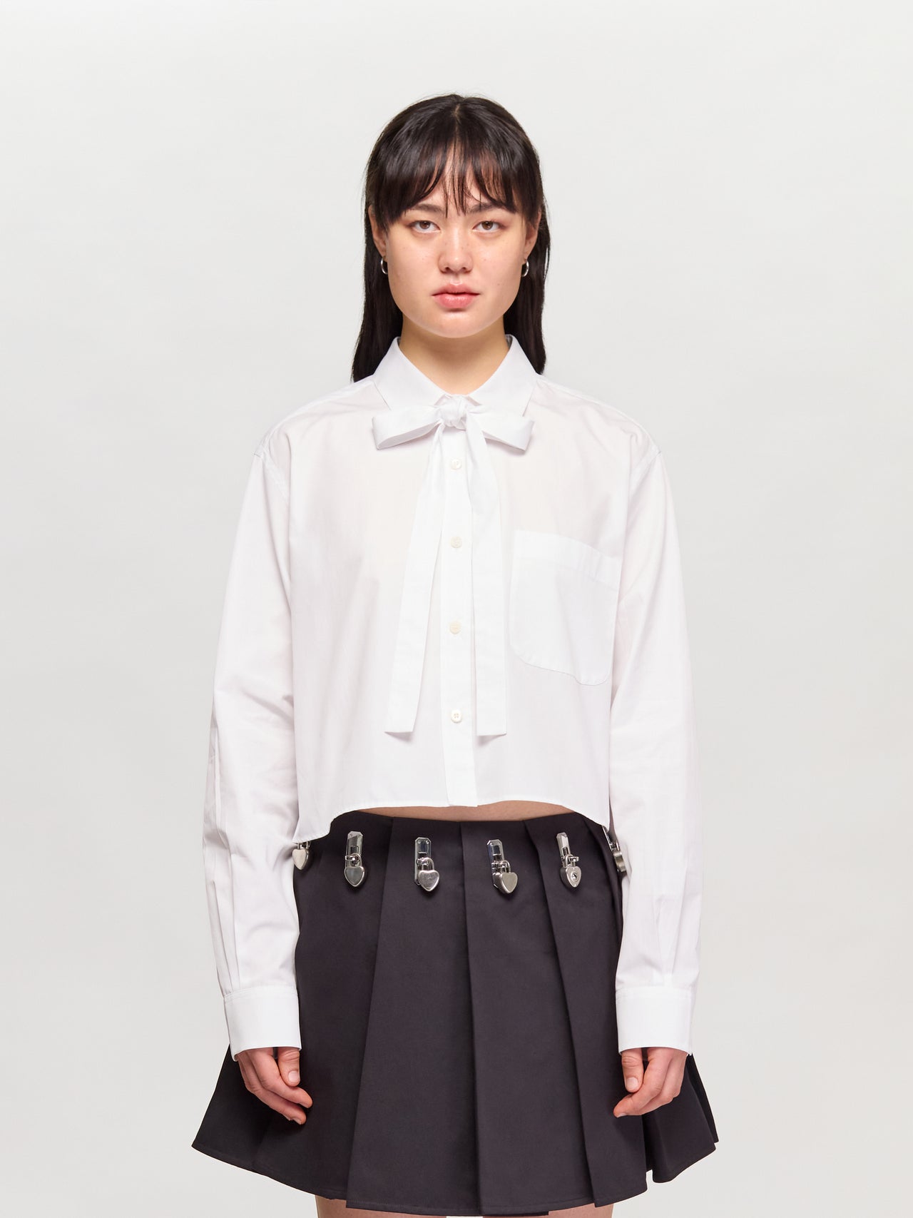 Cropped Cotton Shirt with Bow Detail in White