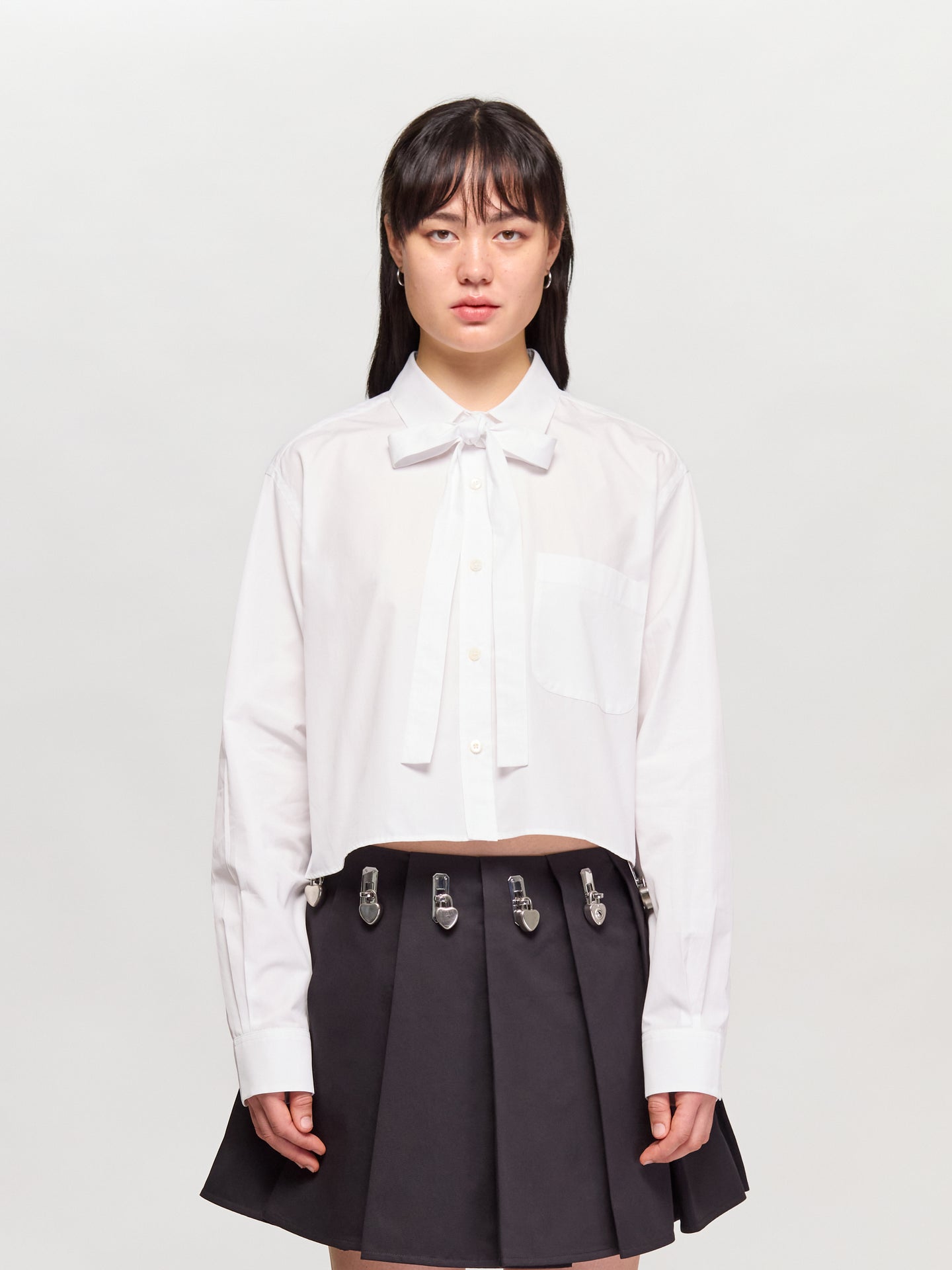 Cropped Cotton Shirt with Bow Detail in White