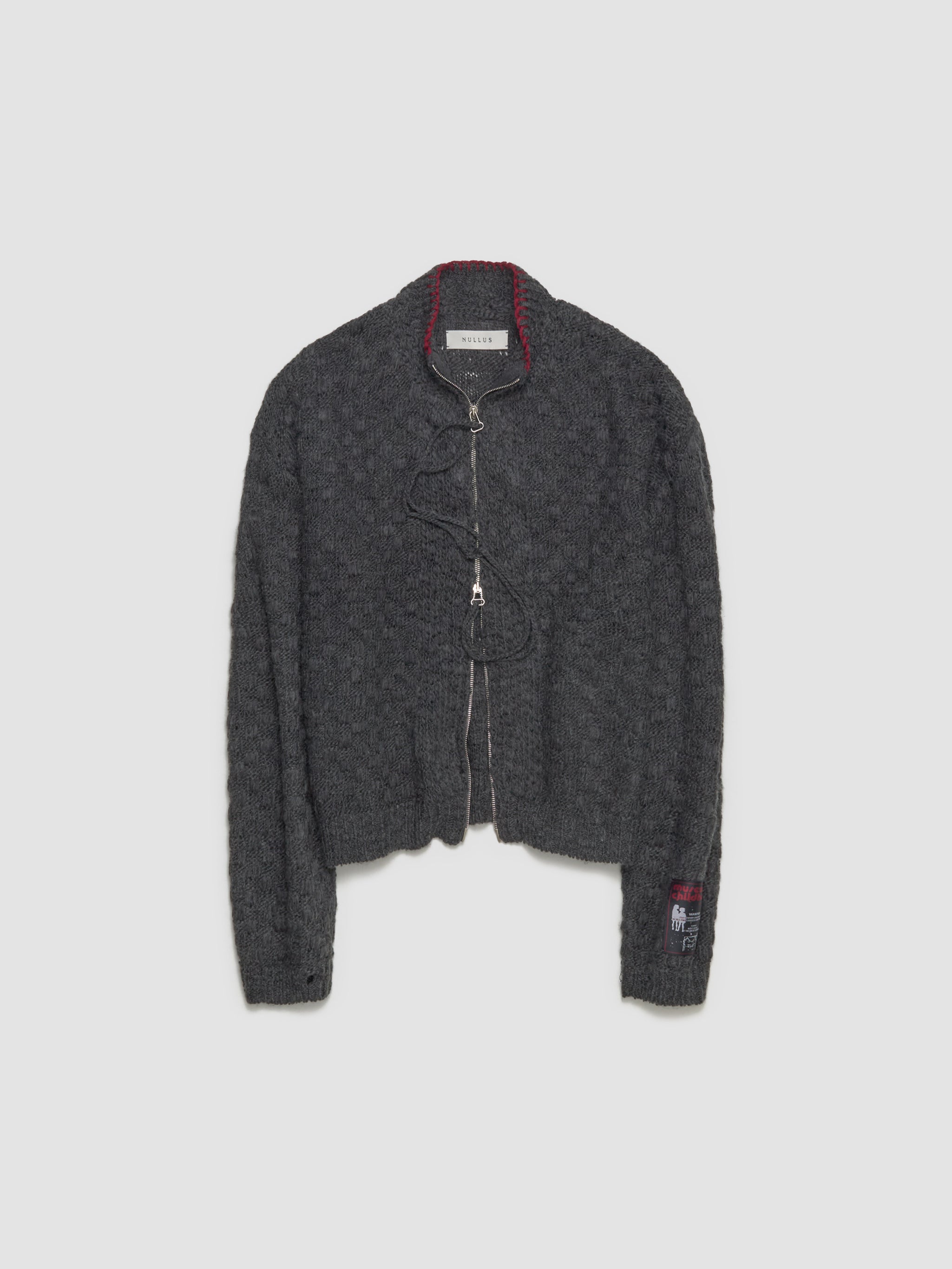 Chex Pattern Knitted Zip-Up Cardigan in Grey