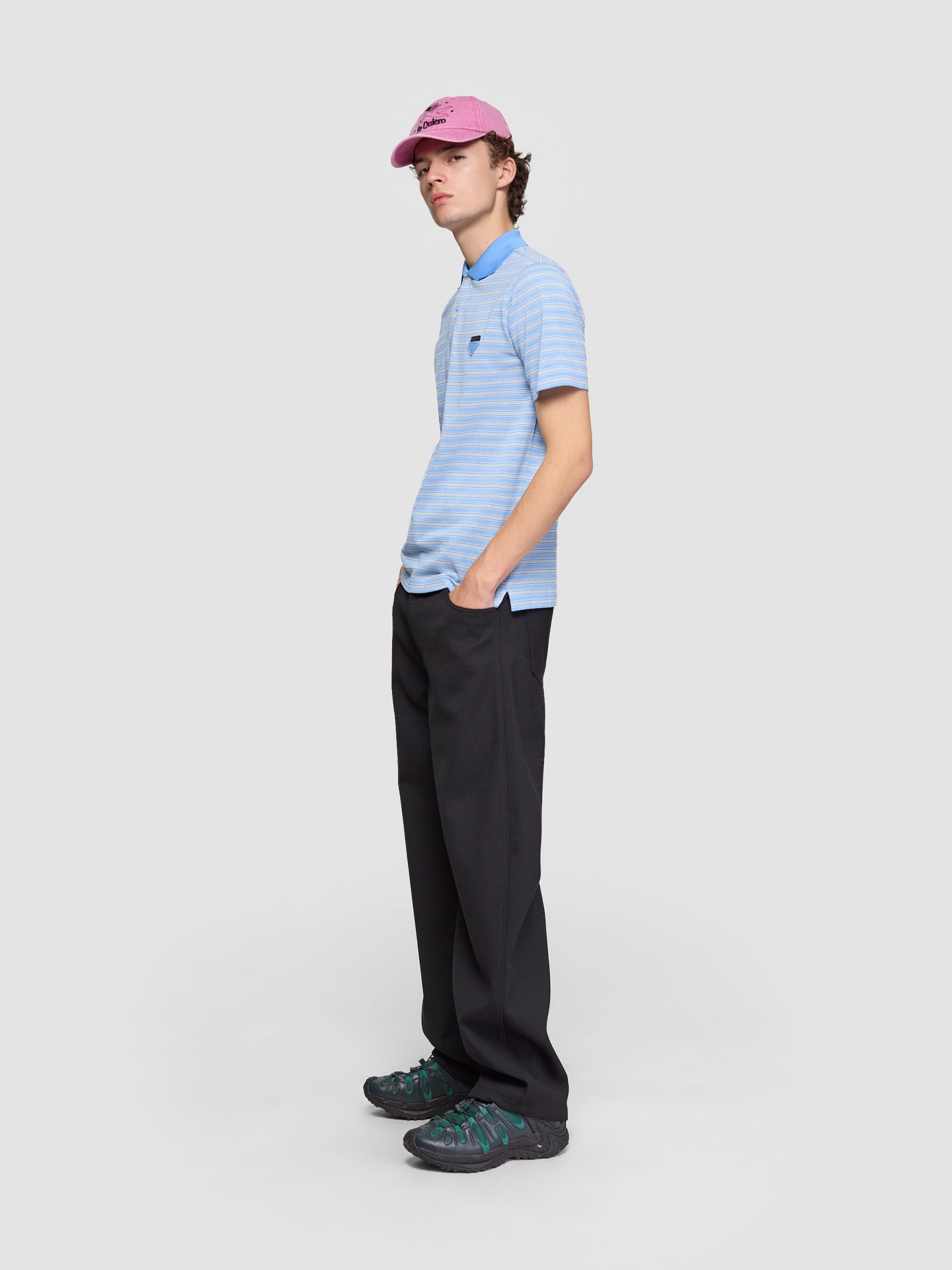 Striped Cotton Polo T-Shirt in Light Blue & Black