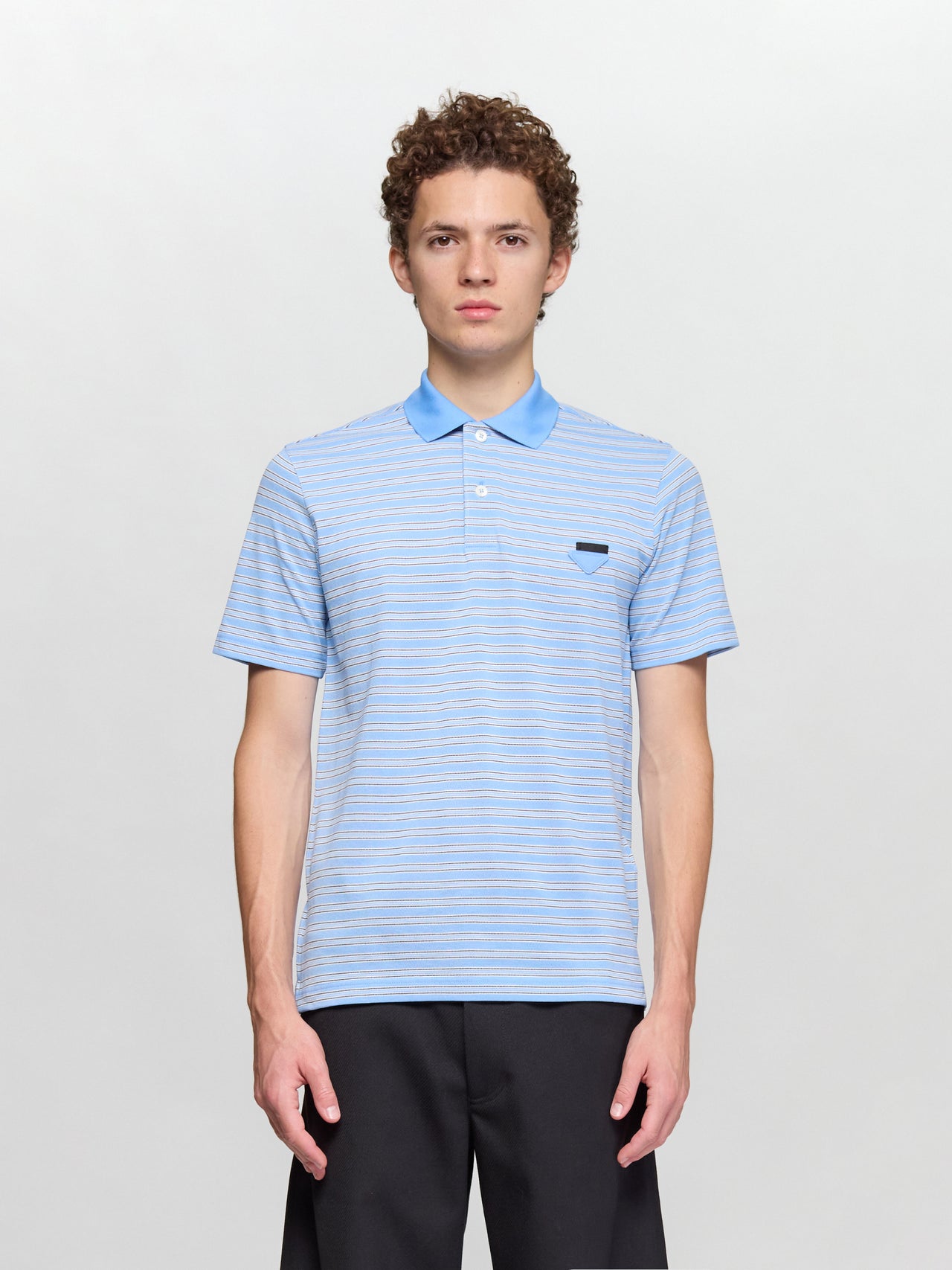 Striped Cotton Polo T-Shirt in Light Blue & Black