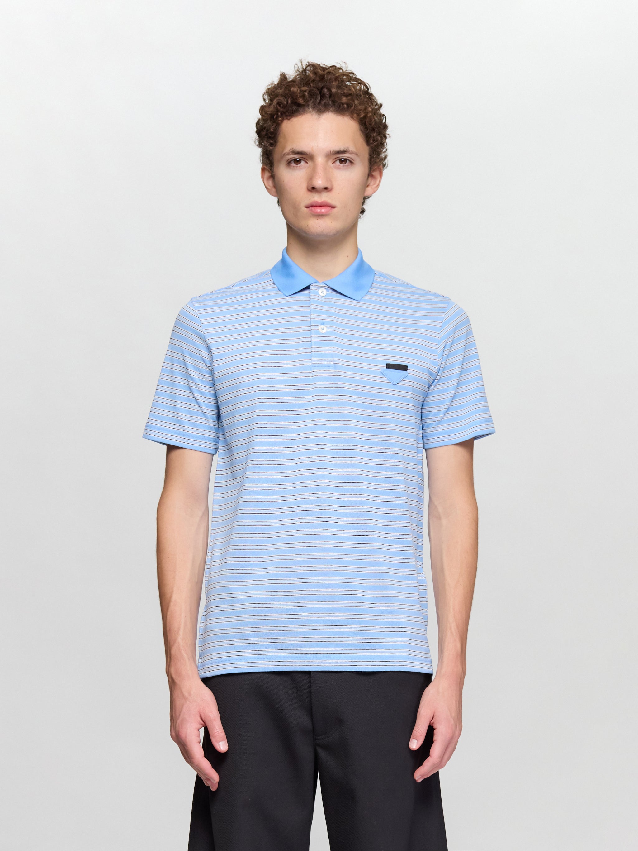 Striped Cotton Polo T-Shirt in Light Blue & Black