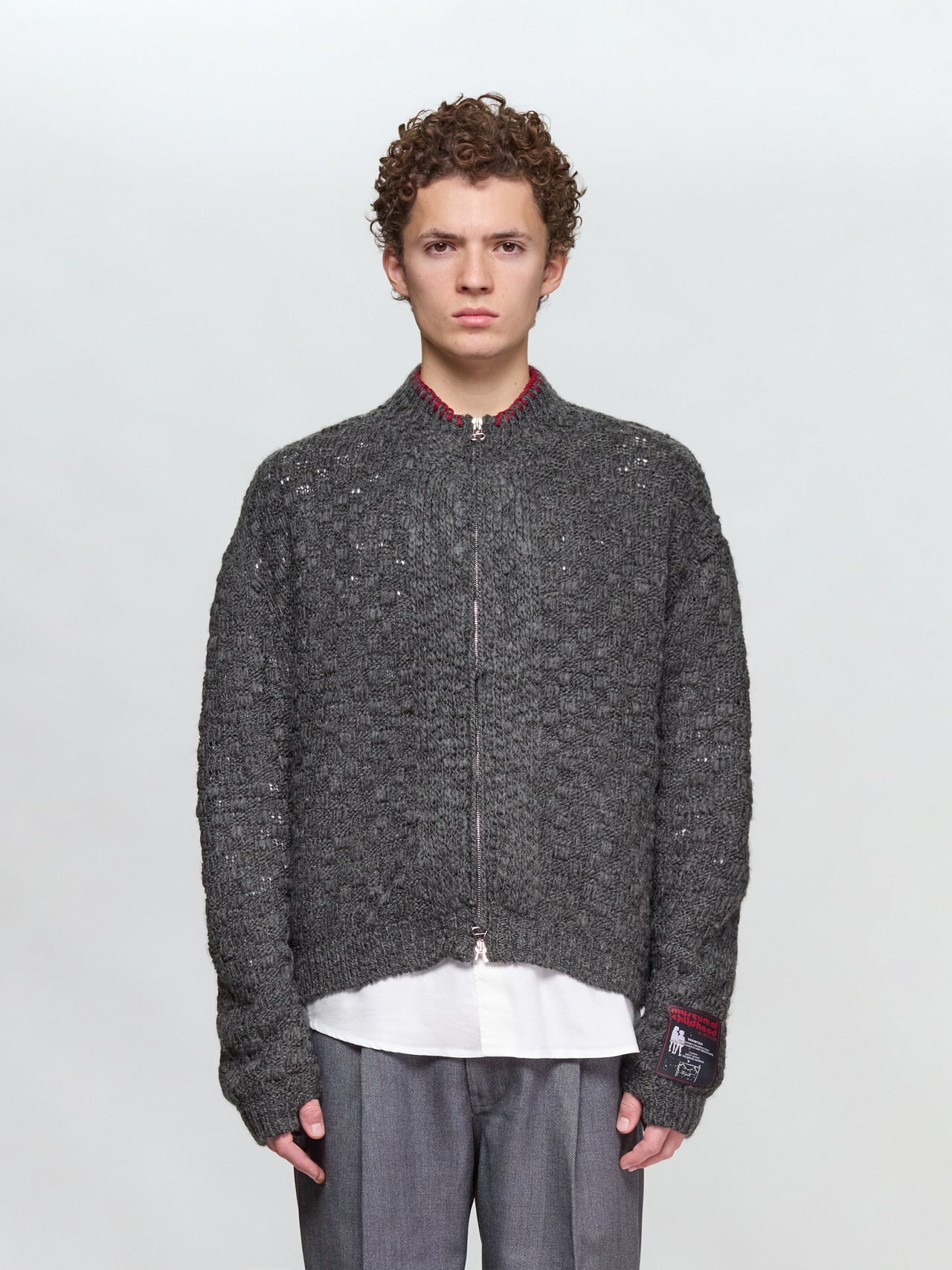 Chex Pattern Knitted Zip-Up Cardigan in Grey