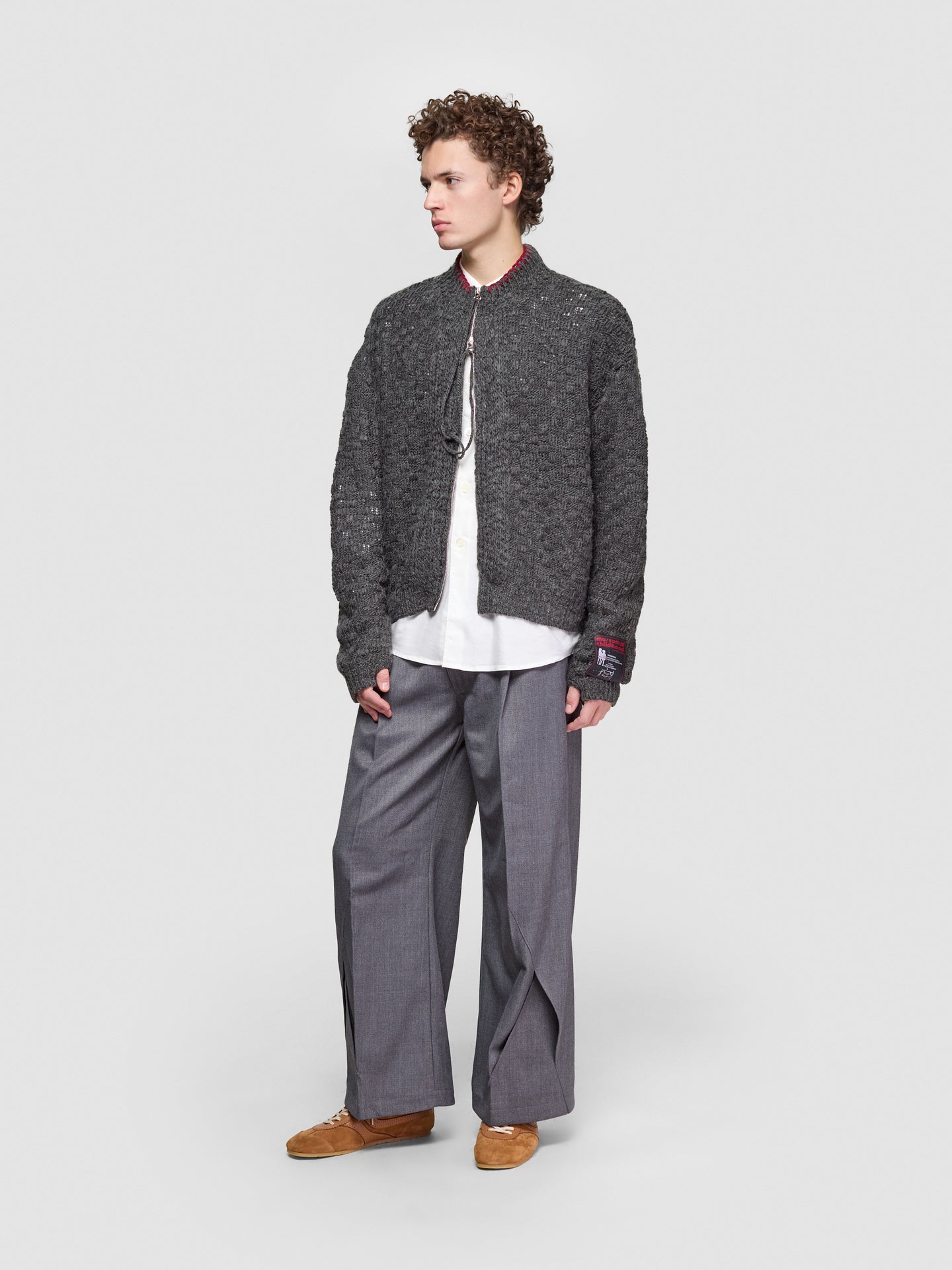 Chex Pattern Knitted Zip-Up Cardigan in Grey