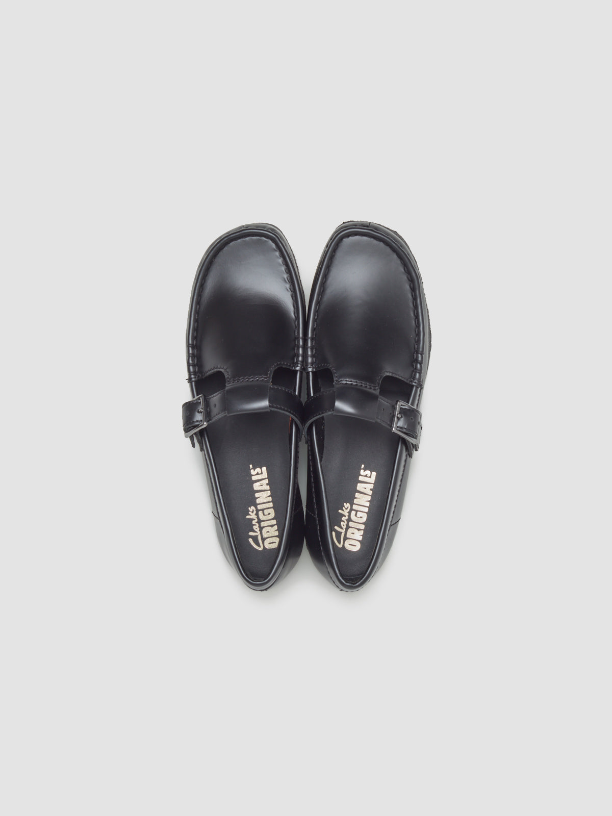 Wallabee T Bar Shoes in Black Hi-Shine Leather