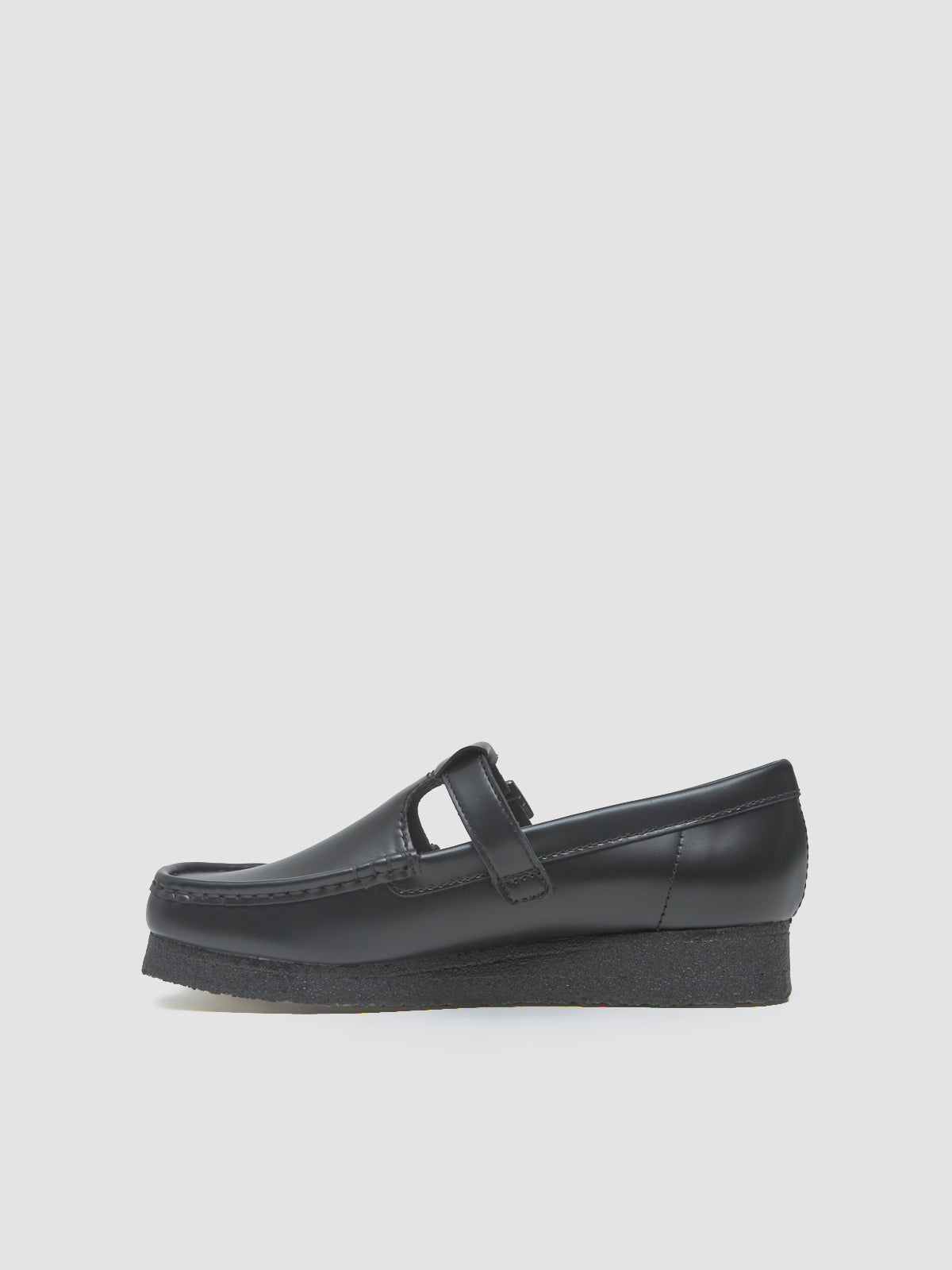 Wallabee T Bar Shoes in Black Hi-Shine Leather