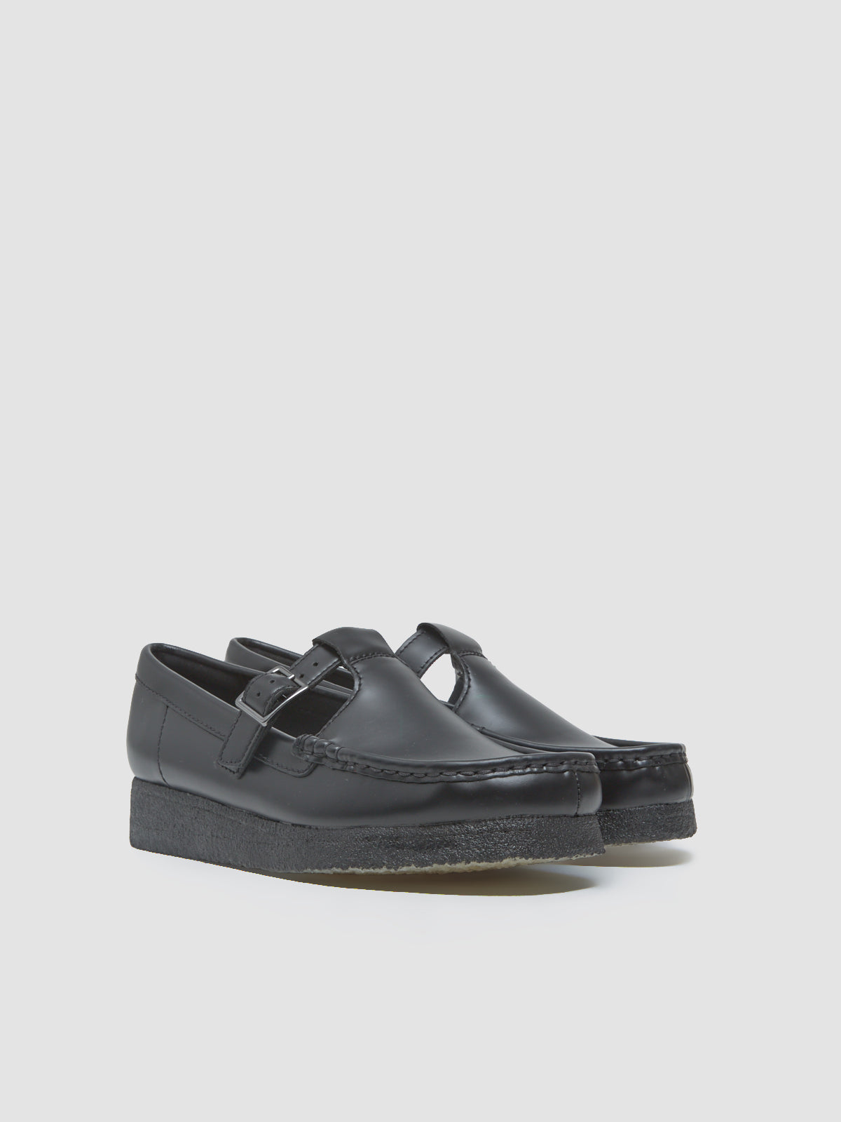 Wallabee T Bar Shoes in Black Hi-Shine Leather