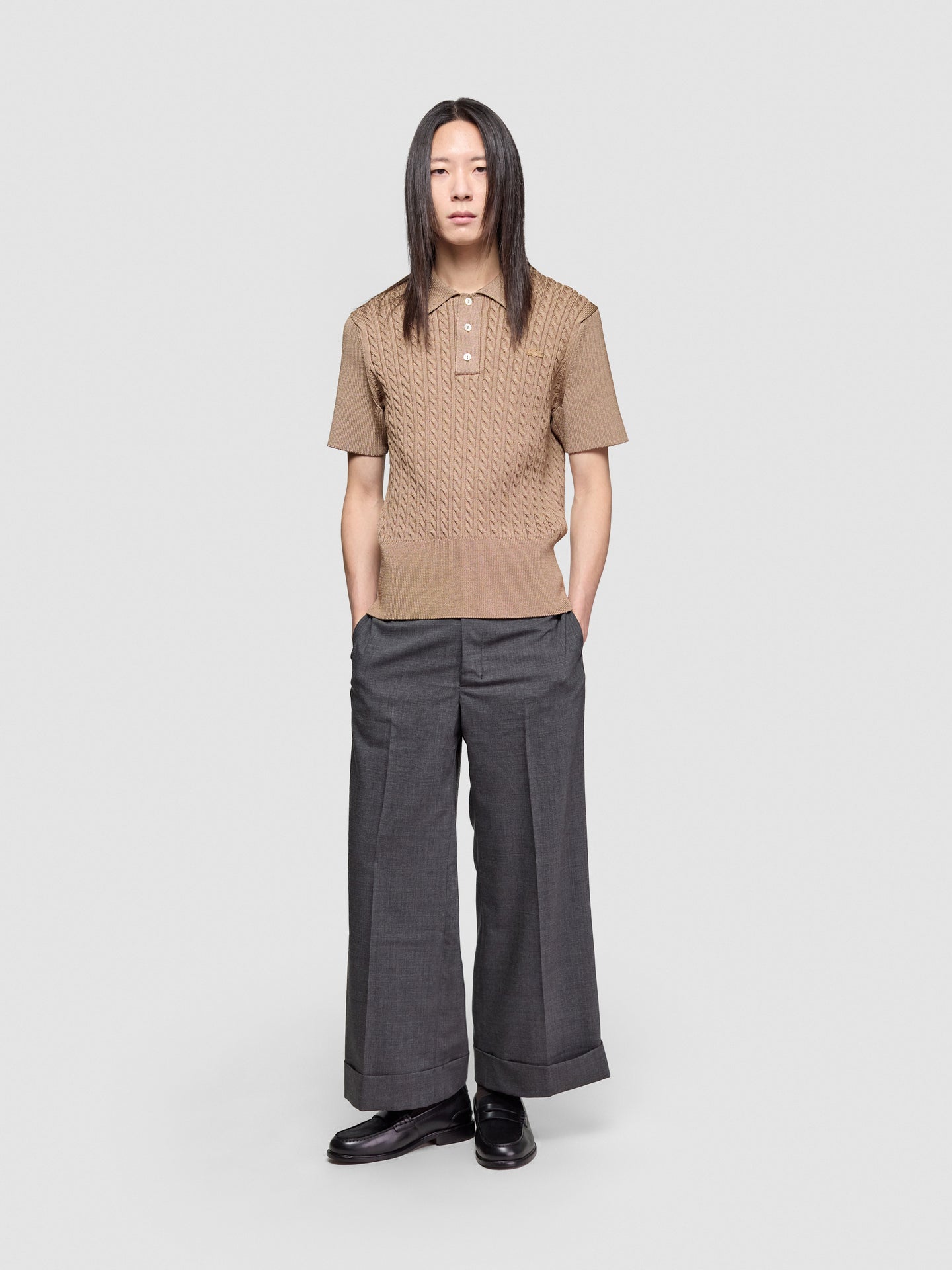 Cable Knit Polo in Elderton Brown