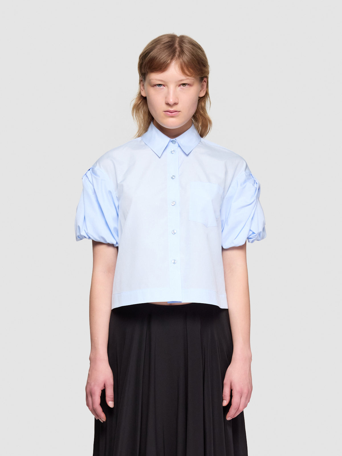 Cropped Puff Bow Sleeve Shirt in Baby Blue