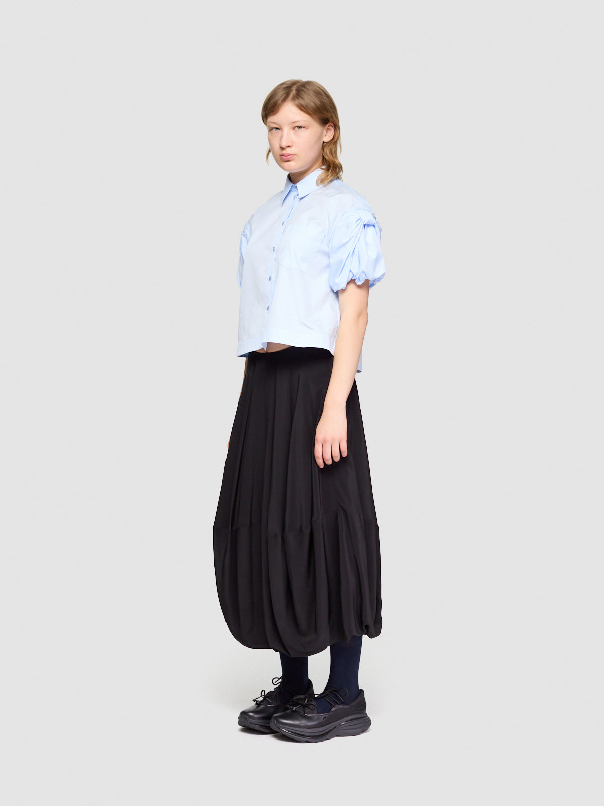 Cropped Puff Bow Sleeve Shirt in Baby Blue