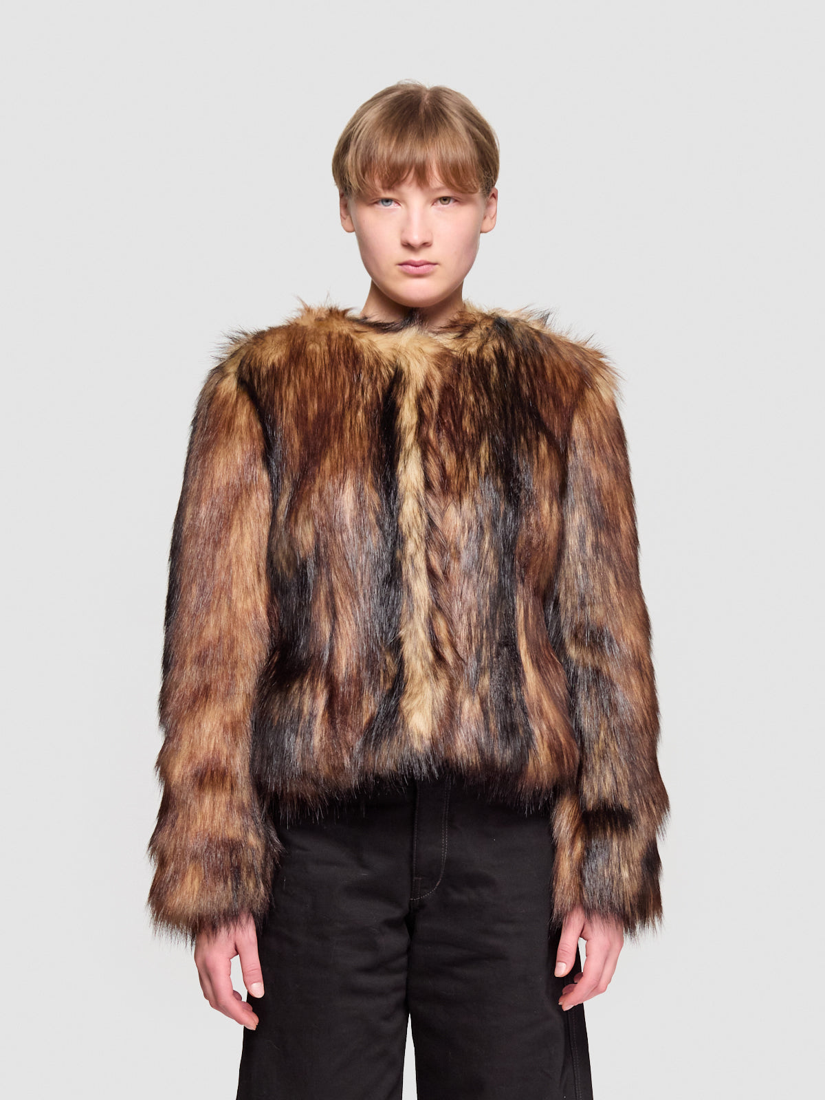 Sculpted Faux Fur Fray Jacket in Natural