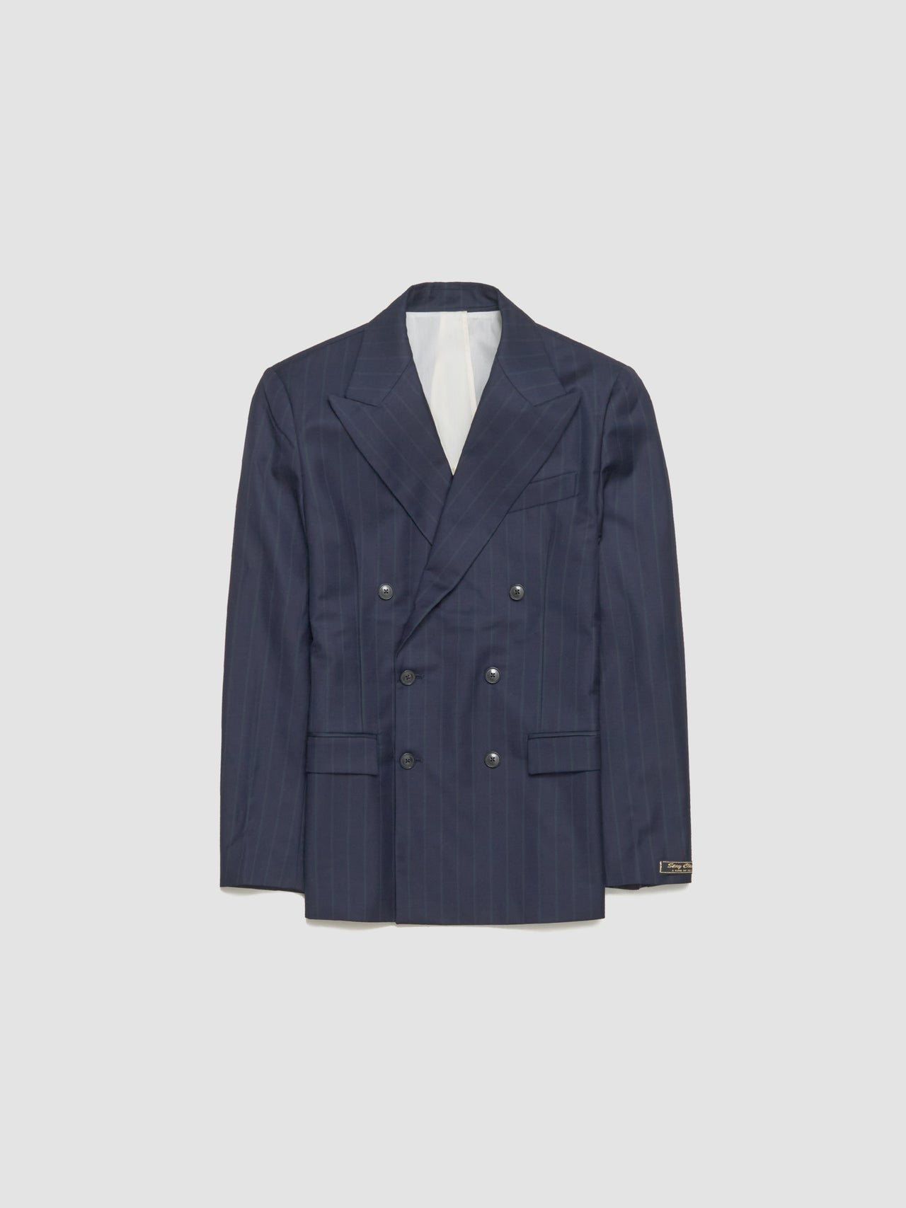 Double-Breasted Peak Blazer in Navy Double Pinstripe