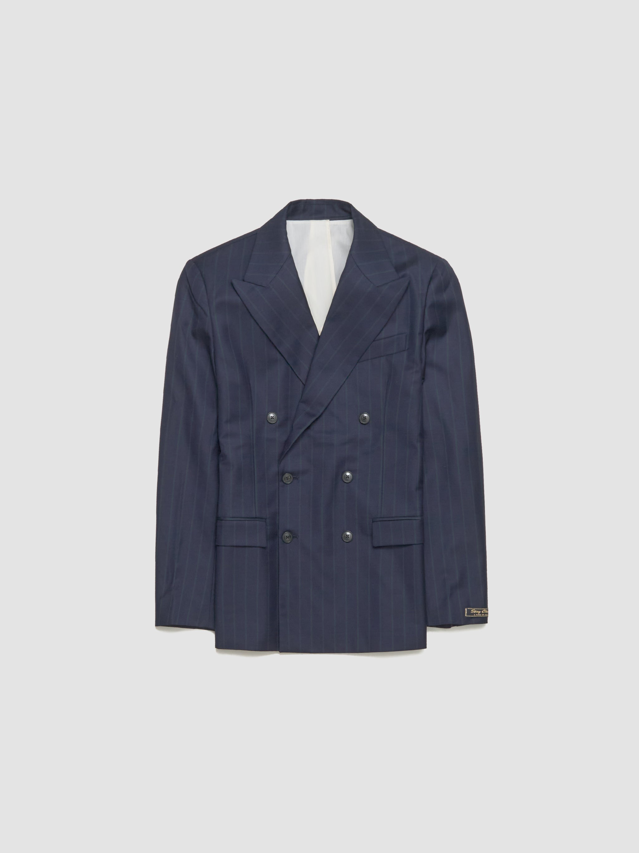 Double-Breasted Peak Blazer in Navy Double Pinstripe