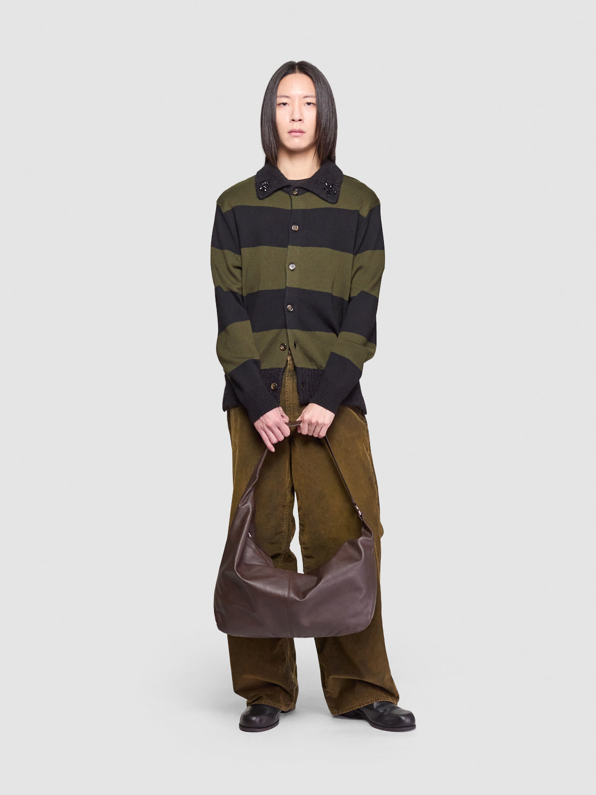 Fuzzy Collar Striped Rugby Cardigan in Charcoal