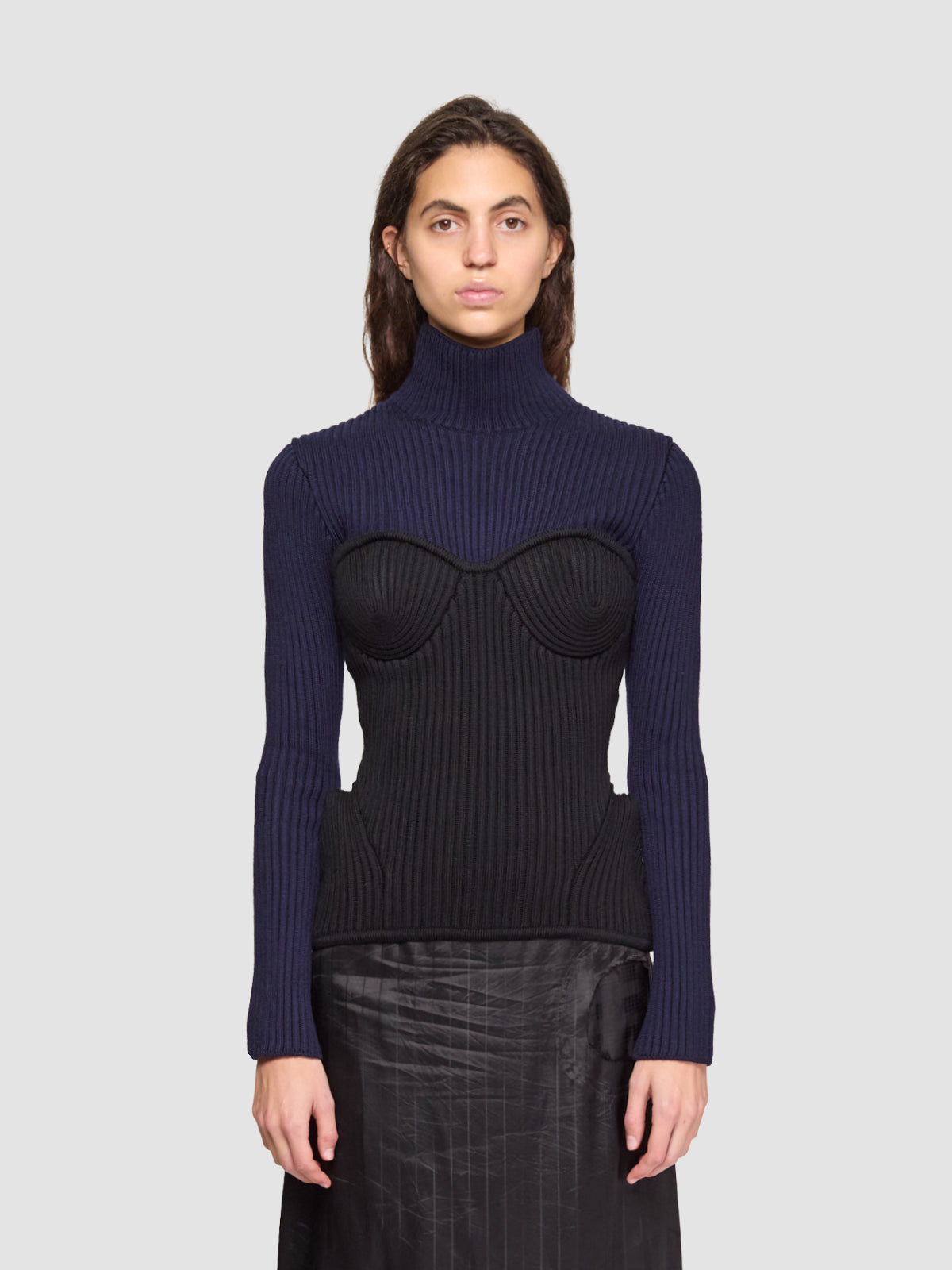 Wool Ribbed High Neck Sweater in Navy & Black