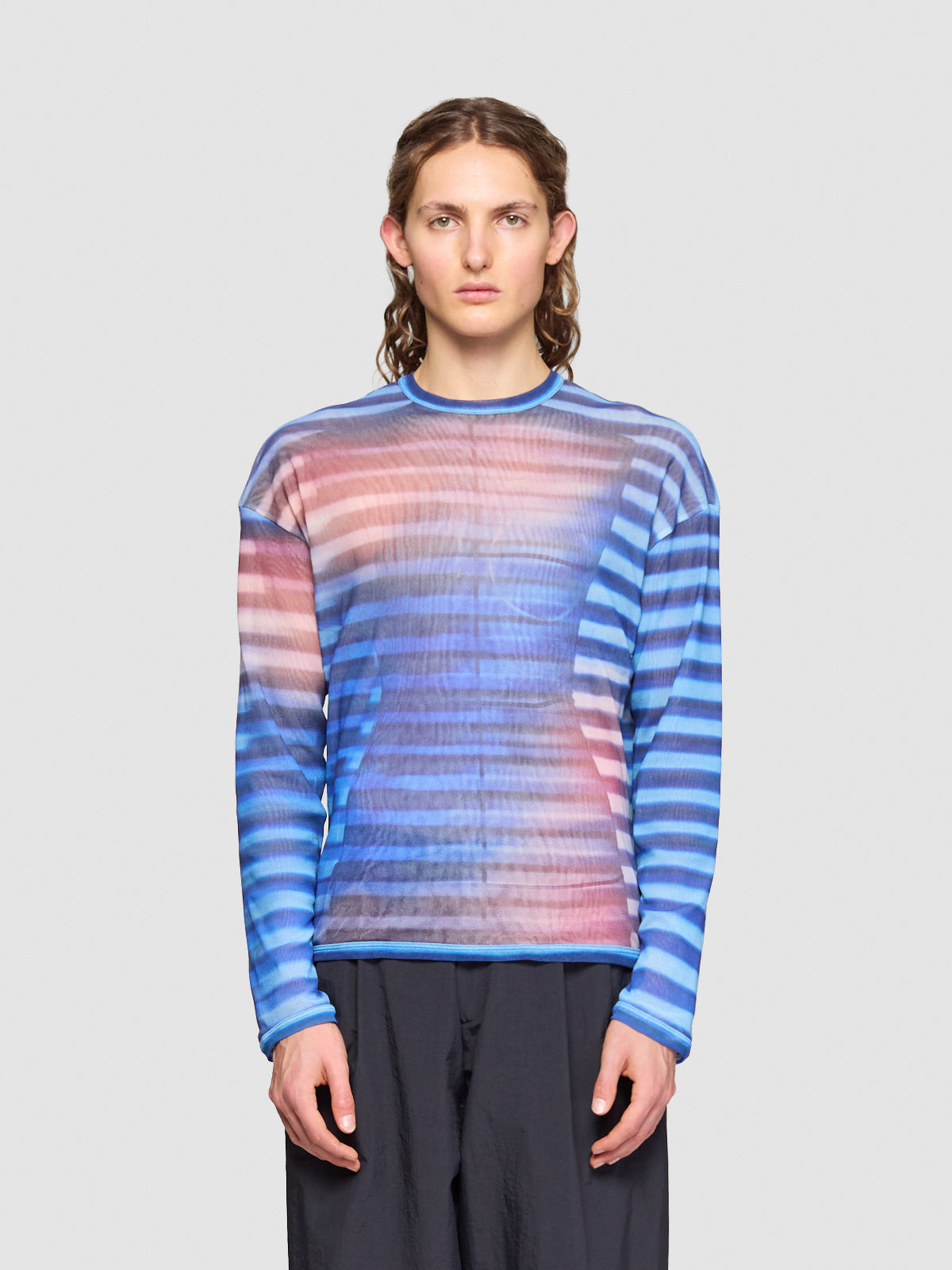 Oversized "Air" Printed Mesh Top in Blue & Peach