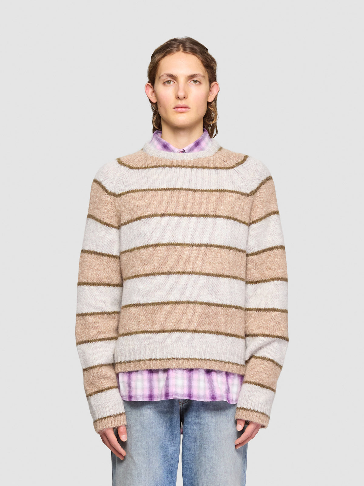 Raglan Knitted Sweatshirt in Beige Stripe
