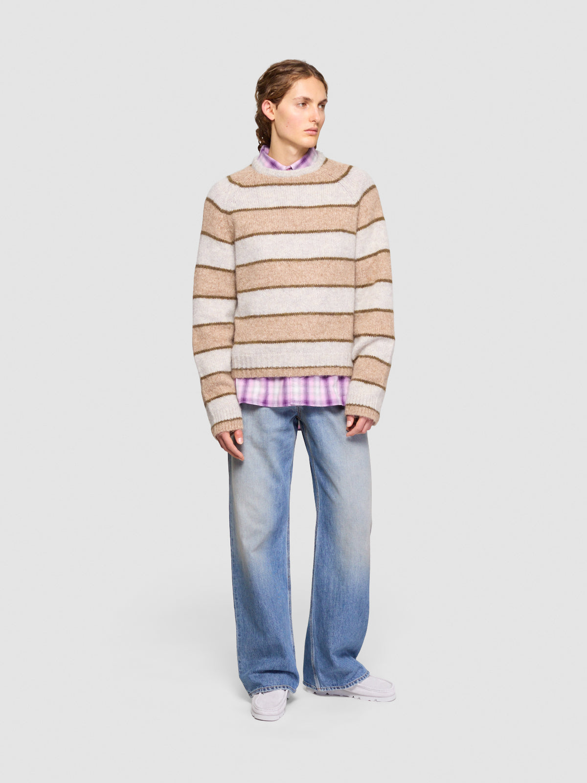 Raglan Knitted Sweatshirt in Beige Stripe