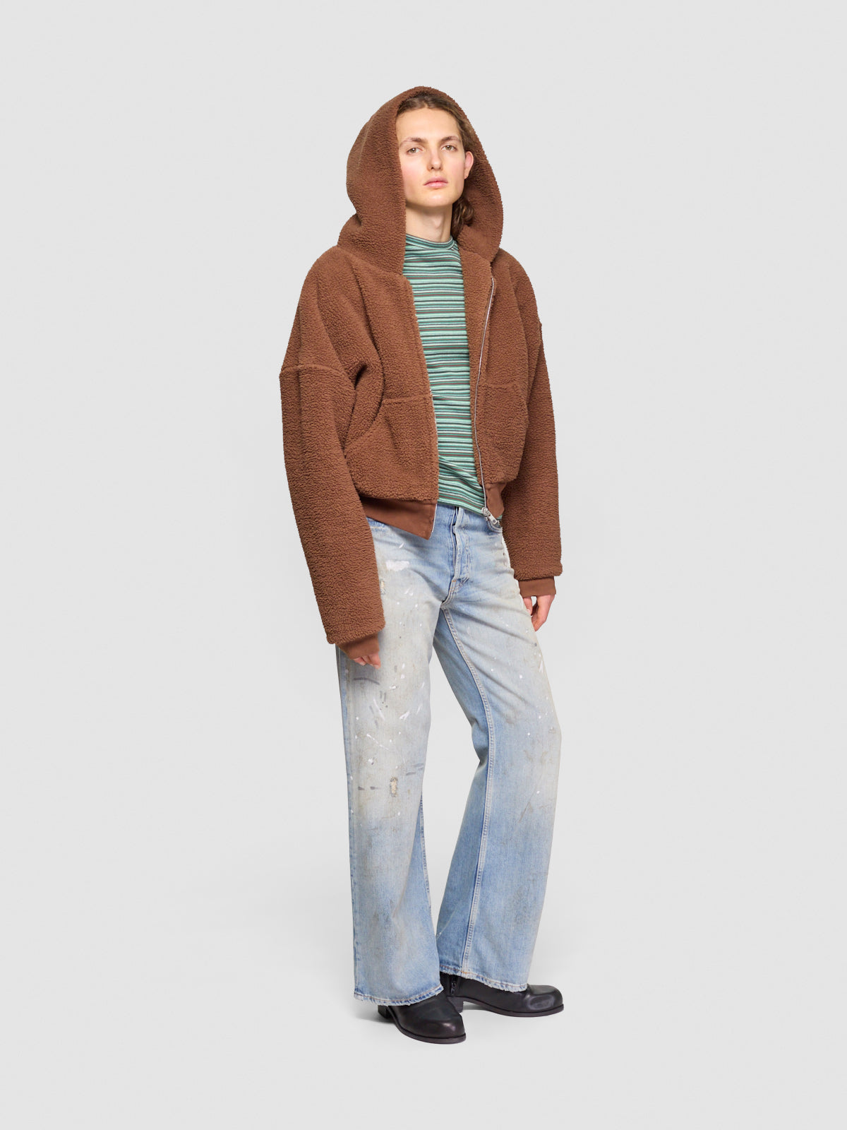 Terry Fleece Zipped Hoodie in Brown